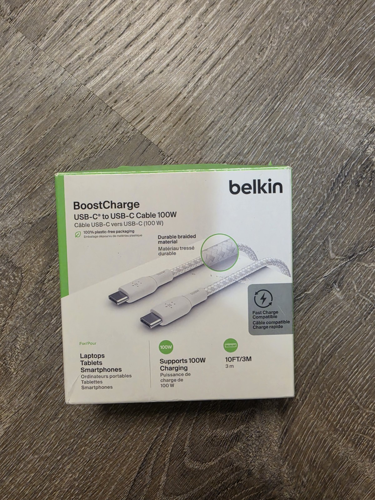 Belkin BoostCharge Braided 10ft 100W USB-C to USB-C Cable, White Open Box New