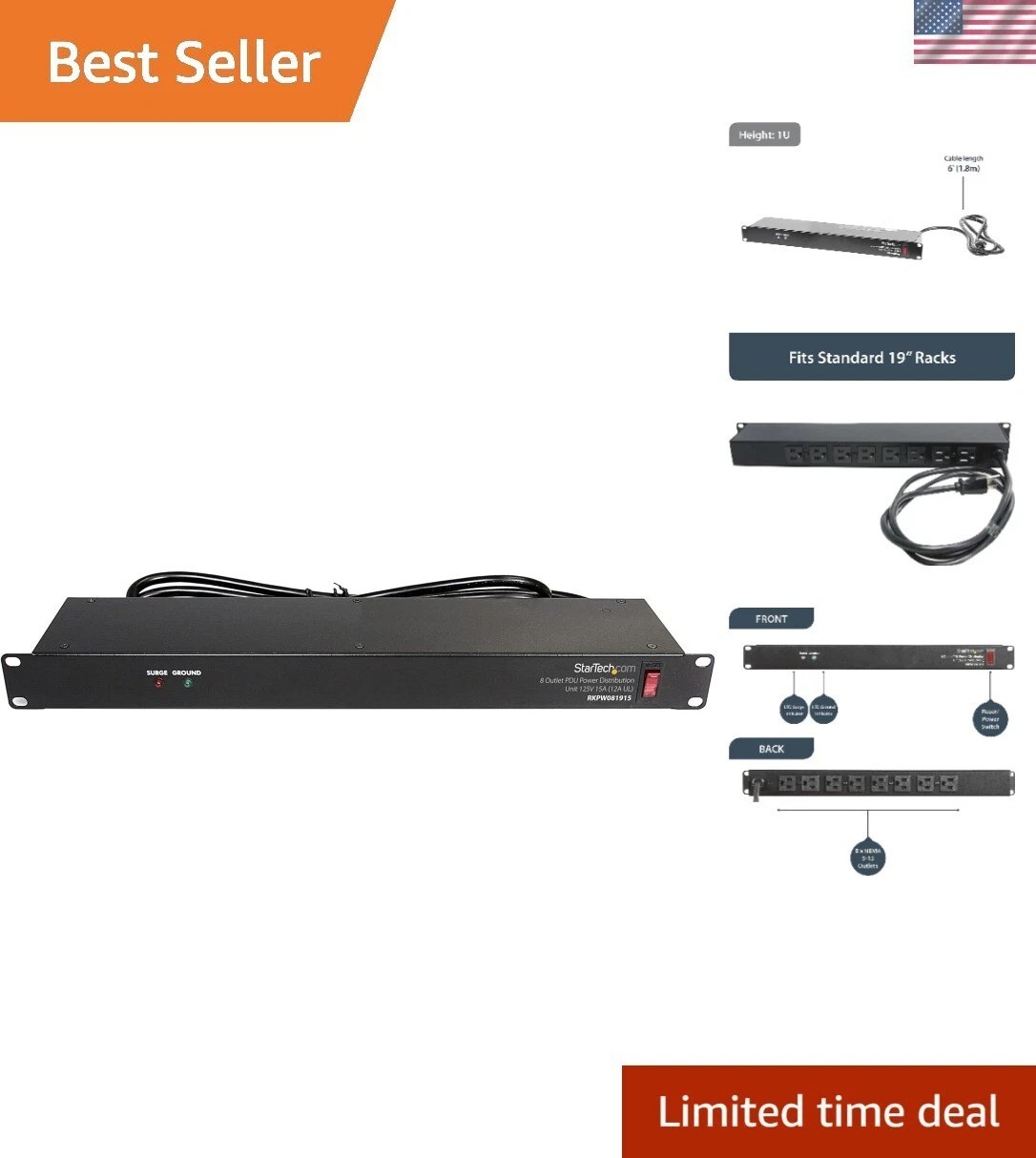 8 Outlet Horizontal 1U Rack Mount PDU Power Strip for Network Server Racks - ...