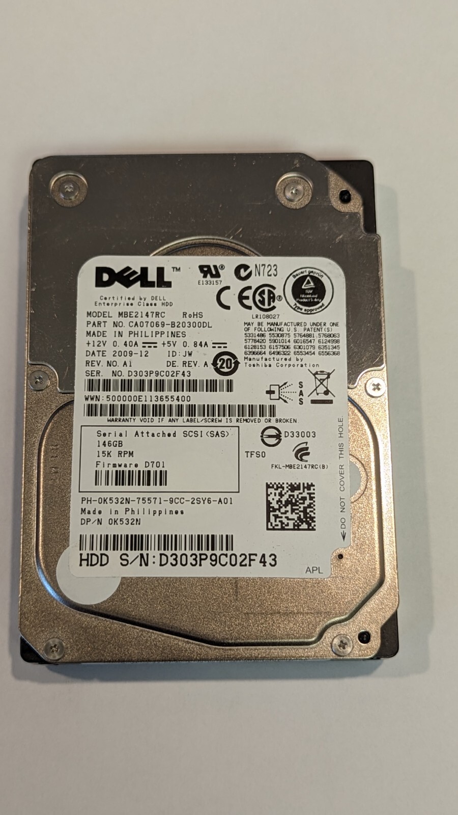 K532N 0K532N Dell 146GB 15K RPM 2.5'' SAS SERVER HDD Hard Drive
