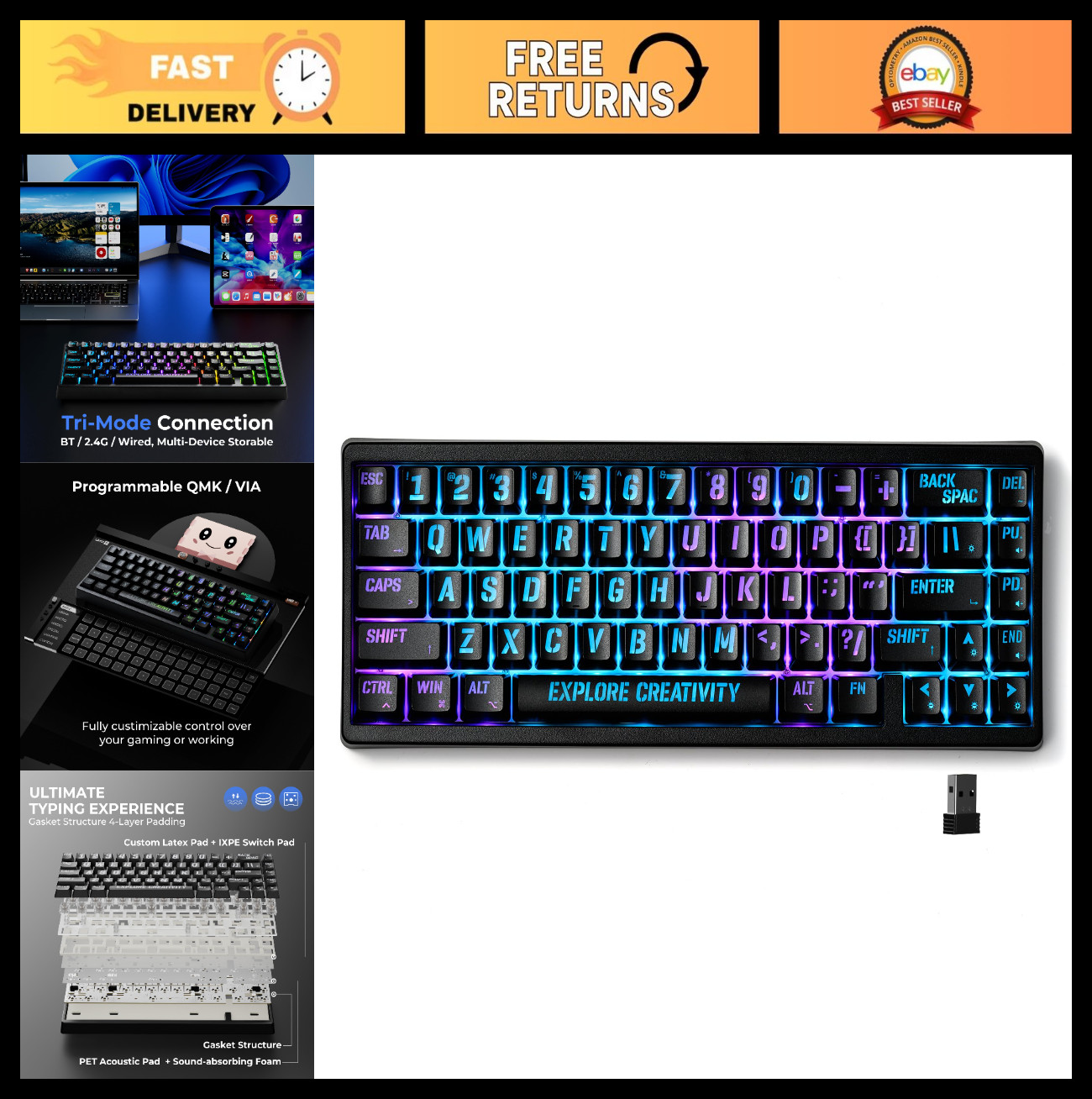 Wireless 60% Gaming Keyboard, Hot Swappable, RGB, QMK/VIA, Tri-Mode, Miami Theme