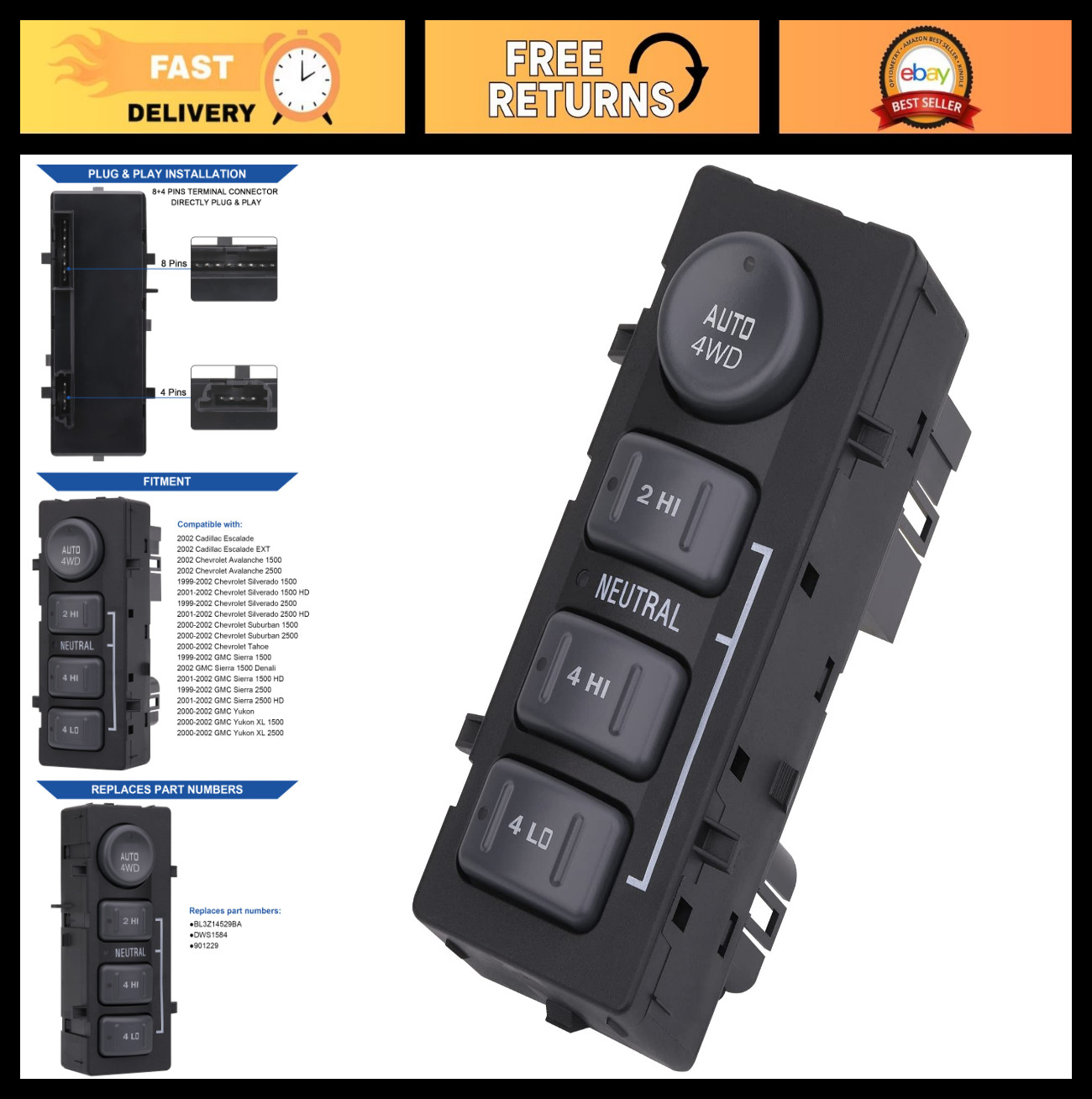 4WD Transfer Case Switch Button for 1999-2002 Chevy Silverado, Tahoe, GMC - OE R