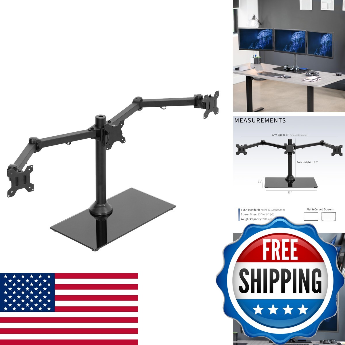 VIVO Black Triple Monitor Mount Freestanding Desk Stand Glass Base, Heavy Duty