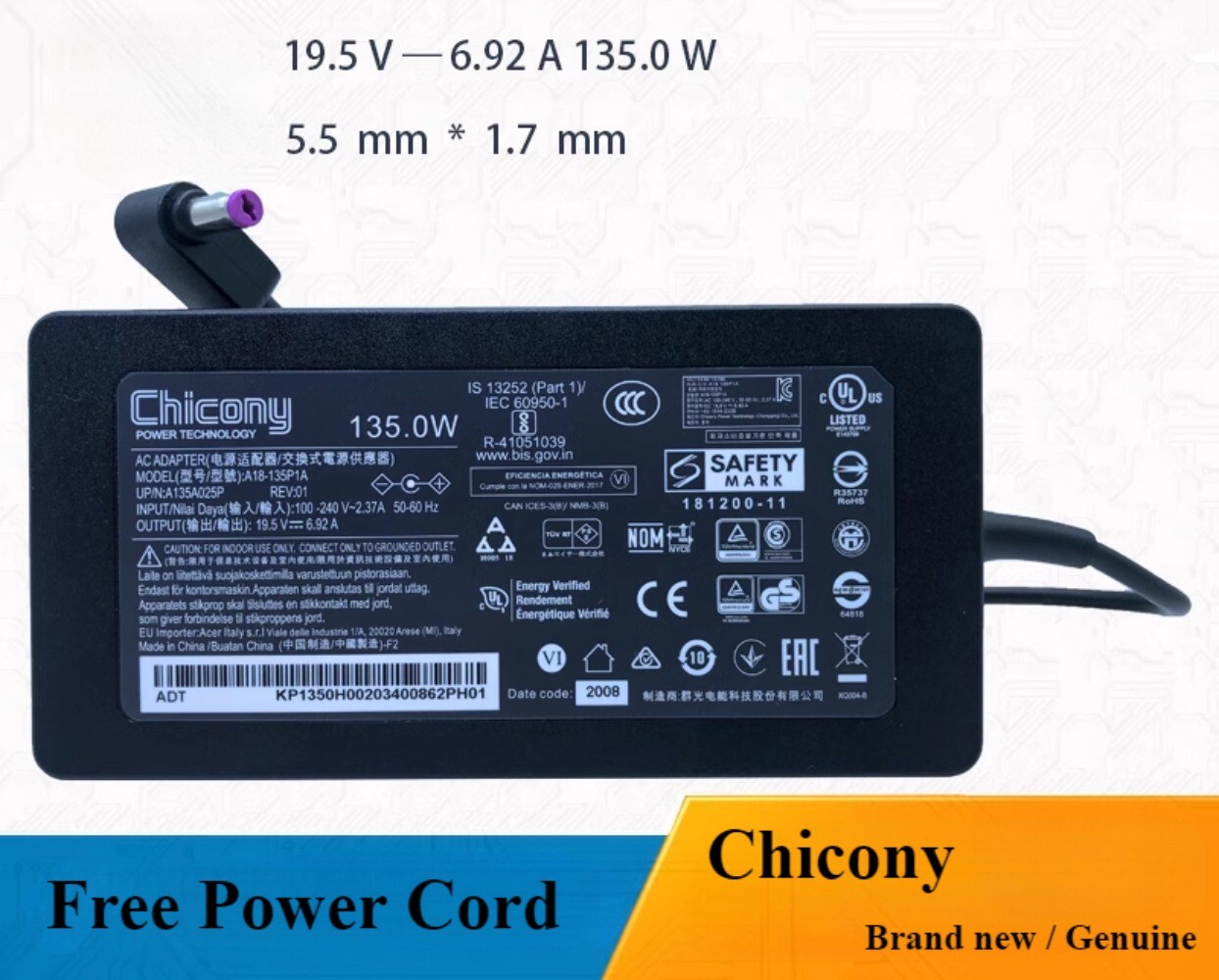 Chicony 19.5V 6.92A 135W Adapter A18-135P1A For Acer Nitro 5 5.5*1.7mm Charger