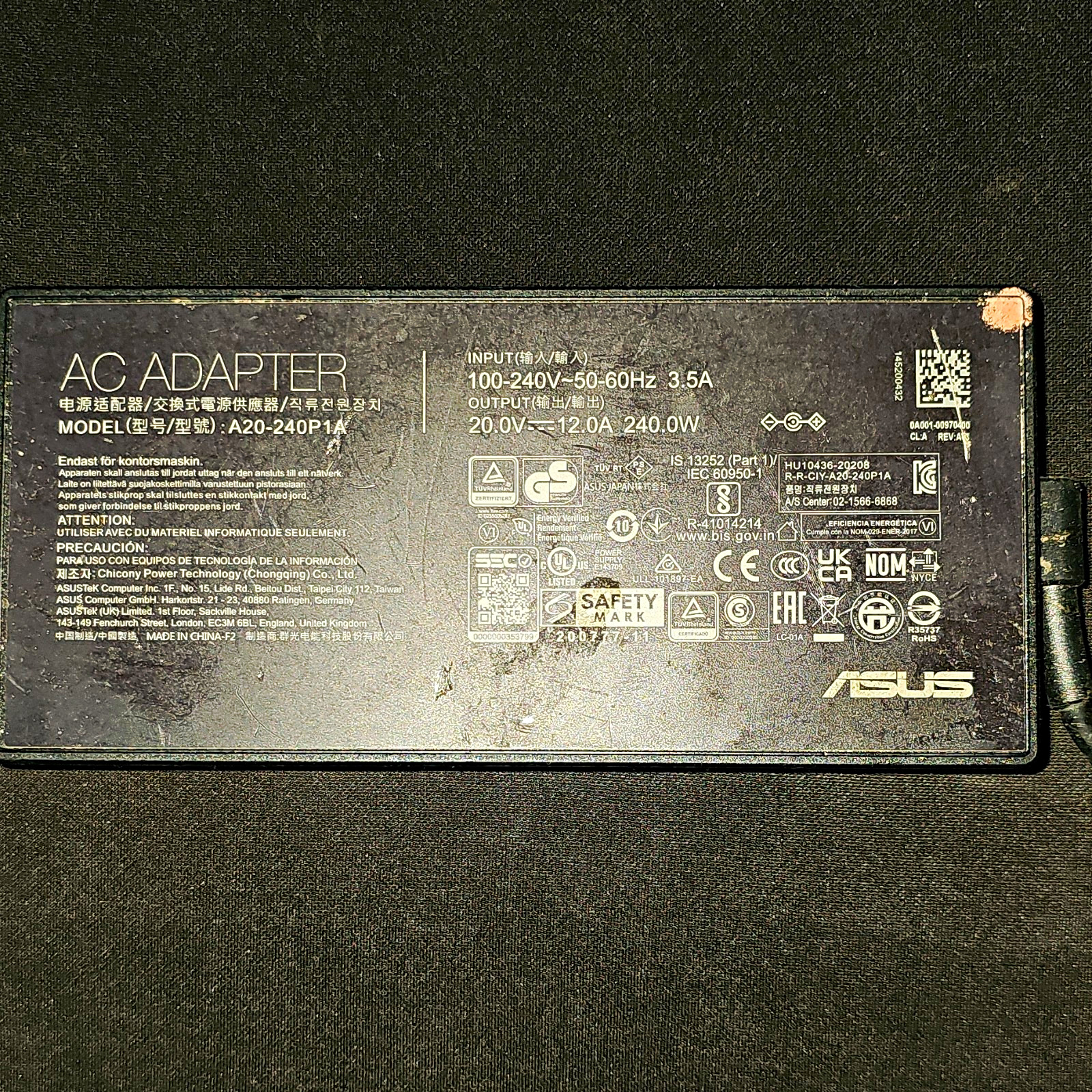 ASUS A20-240P1A 240W 20V 12A Laptop Power Adapter Charger, Black