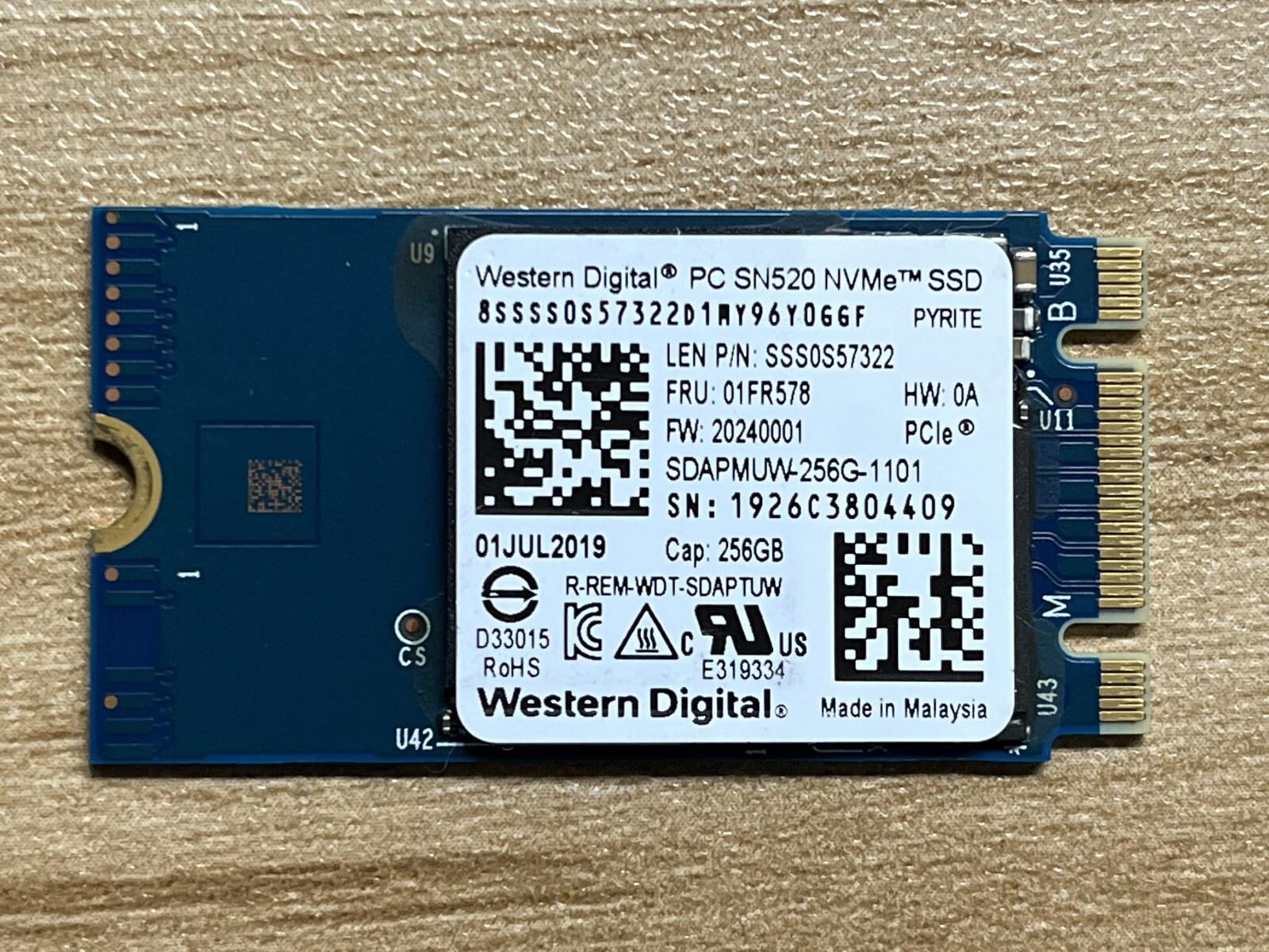 WD PC SN520 NVMe SDAPMUW-256G-1101 256GB SSD M.2 2242 PCIe3 x 2 For Lenovo T480