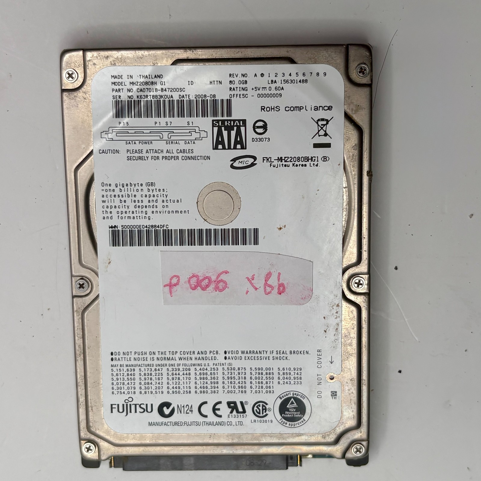 Fujitsu MHZ2080BH G1 80GB SATA 2.5" HDD Hard Drive For PC and Sony PS3 98% Good