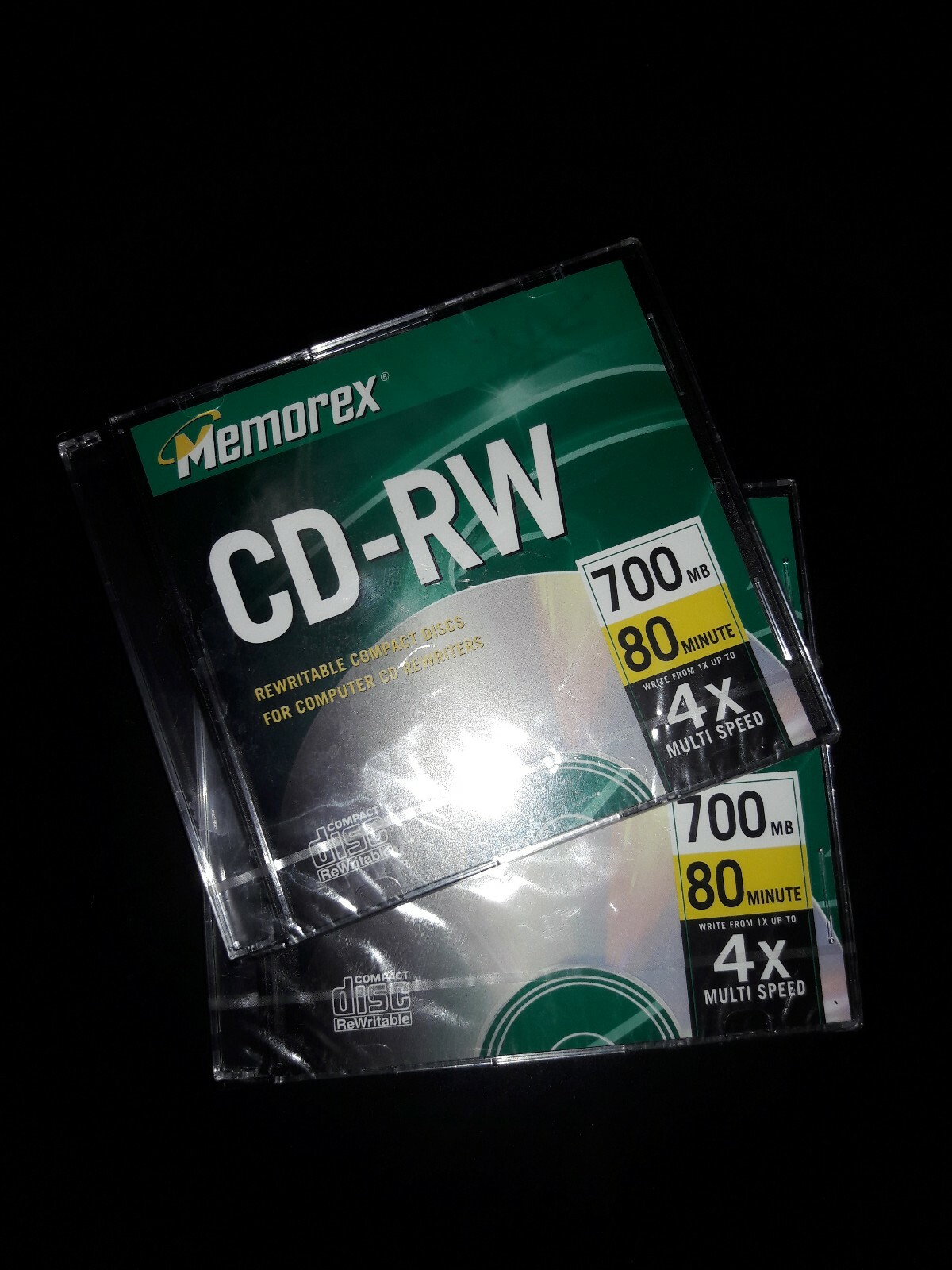 Qty 2 Memorex CD-RW 4X-700MB-80 Min Individually Sealed in Slim Jewel Cases