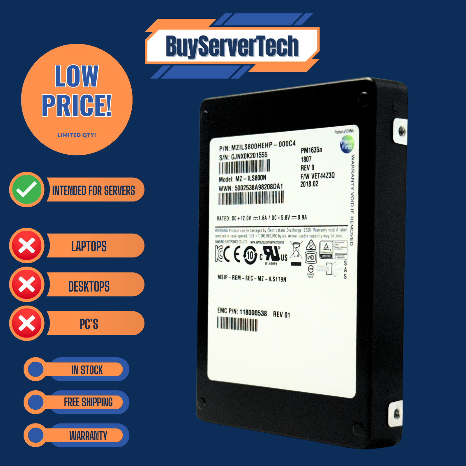 Samsung MZ-ILS800N 800GB SAS 12Gb/s 2.5" SSD PM1635A EMC - 1 Year Warranty