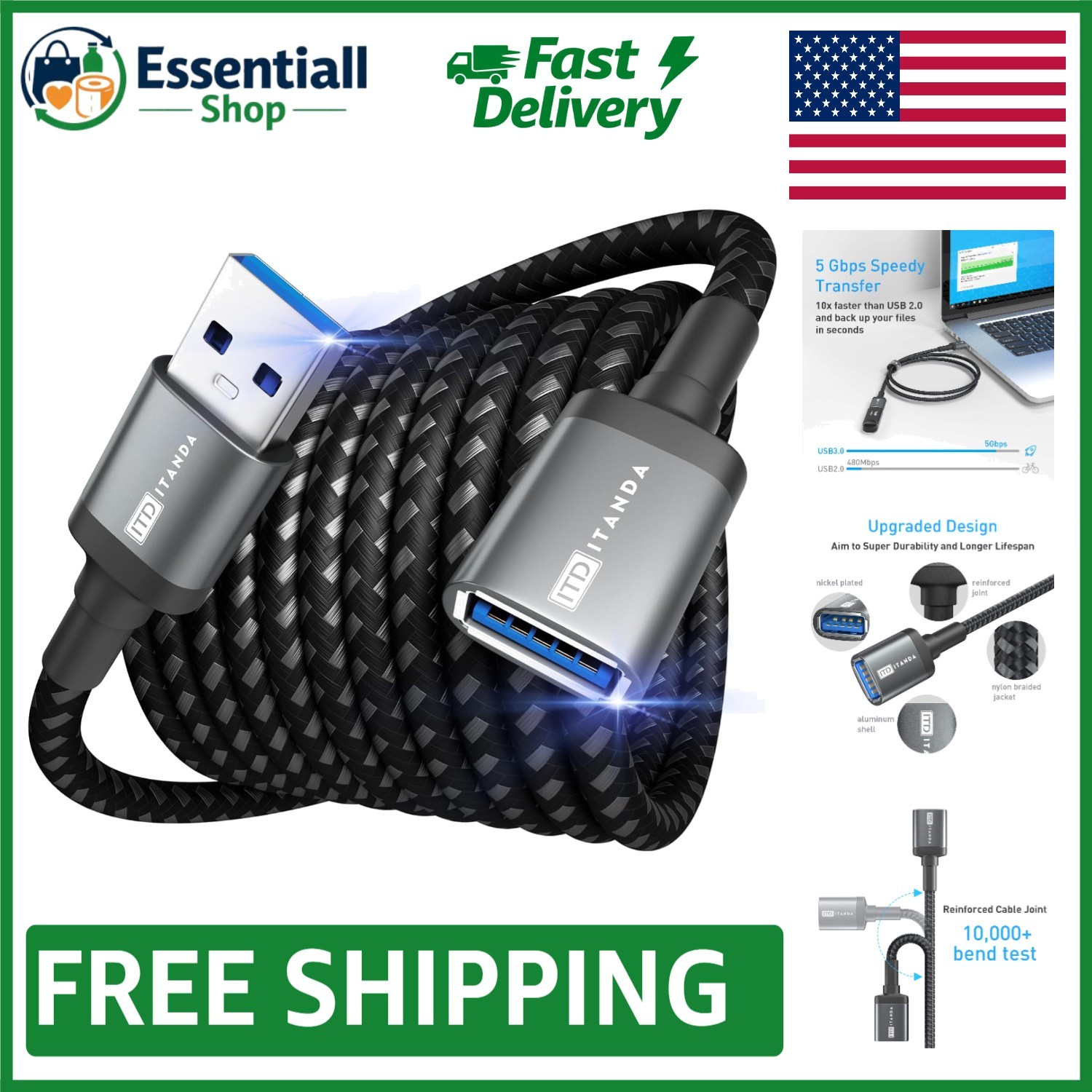 High-Speed 10FT USB 3.0 Extension Cable - Ideal for Home & Office Connectivity