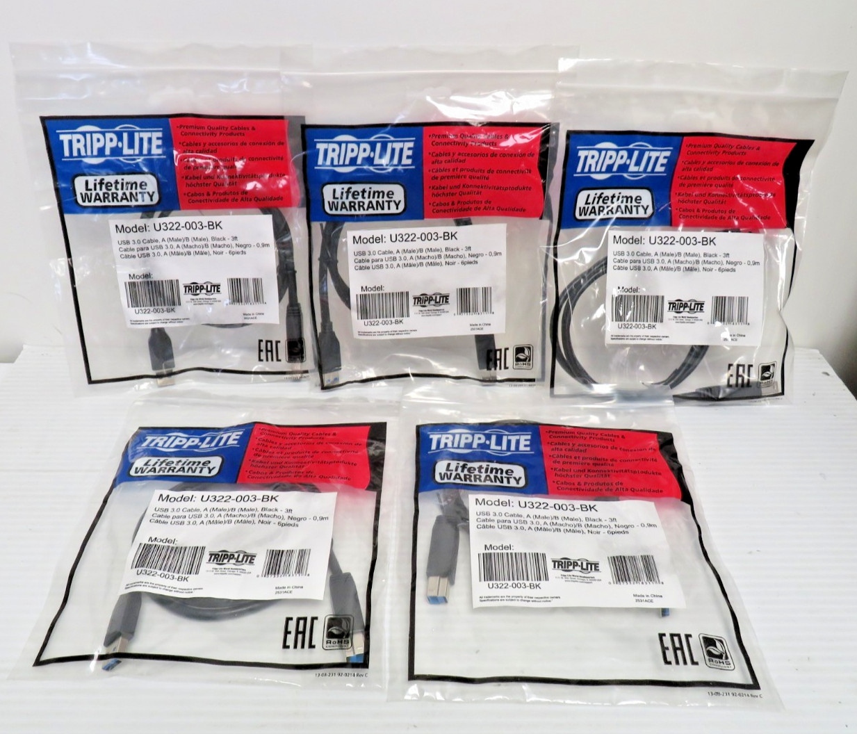 Lot of 5 Tripp Lite USB 3.0, Cable A (Male)/ B (Male), Black 3ft U322-003-BK