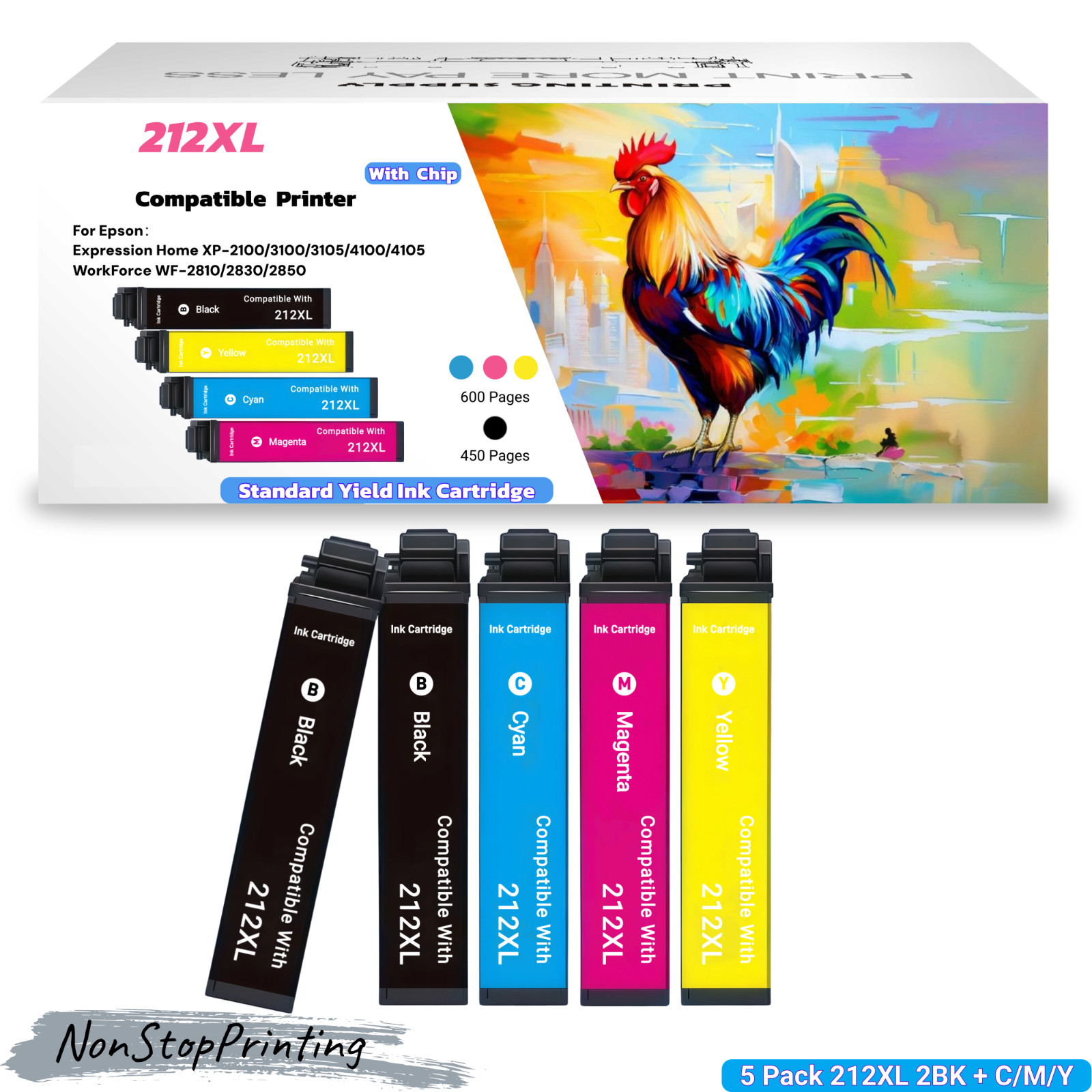 Compatible 5PK Epson 212 212XL Standard Yield Ink 2BK CMY for WF-2830 XP-4100