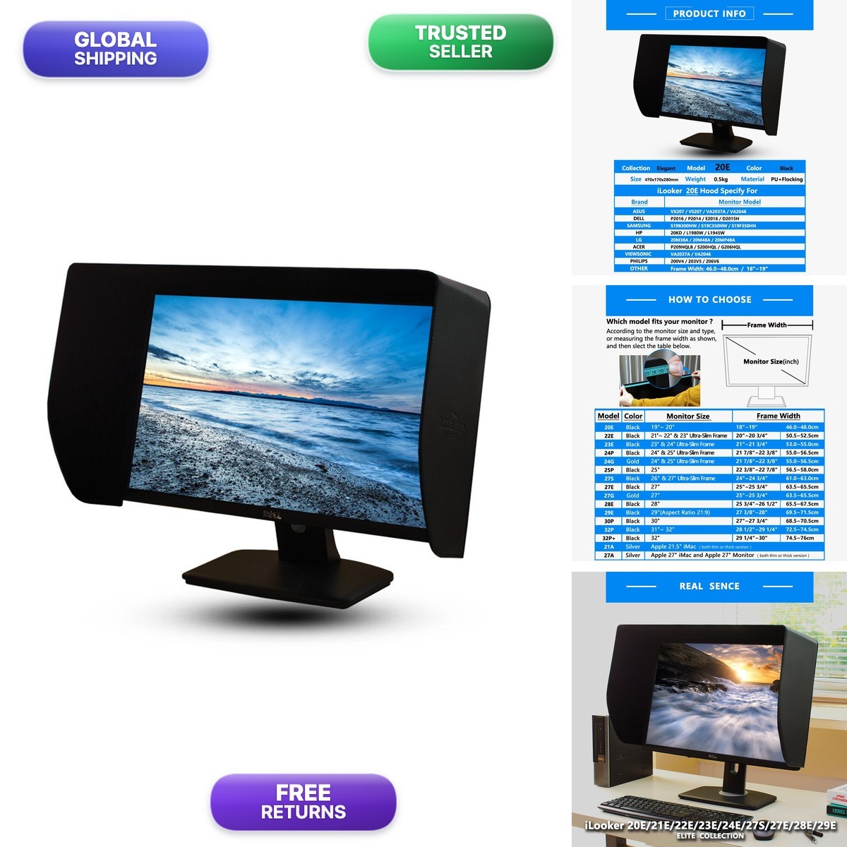 iLooker 20E 19-20 inch Monitor Hood Sunshade for Dell HP Viewsonic Philips
