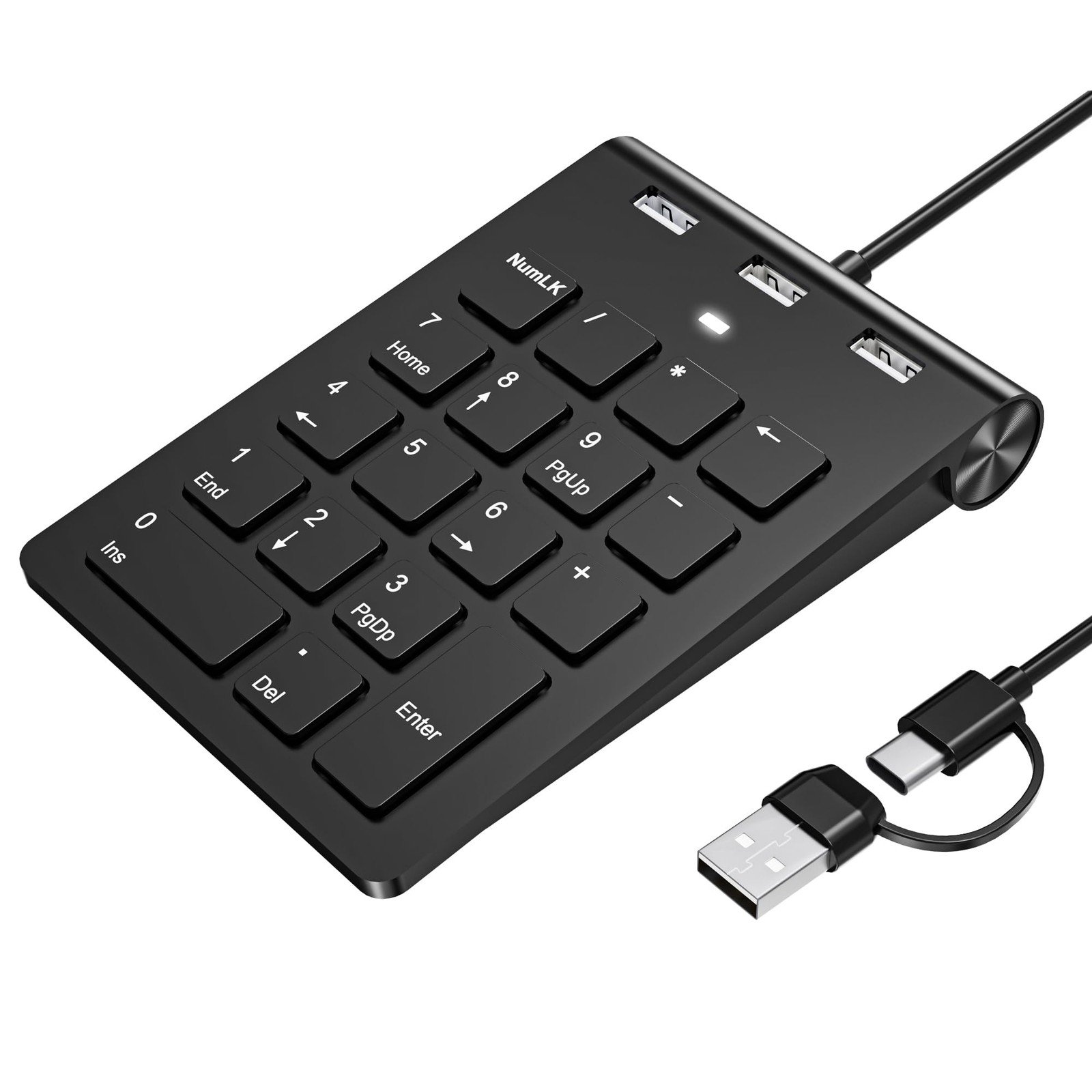 18 Key Wired Numeric Keypad with 3 Port USB 2.0 Hub, USB C & USB A Slim Porta...