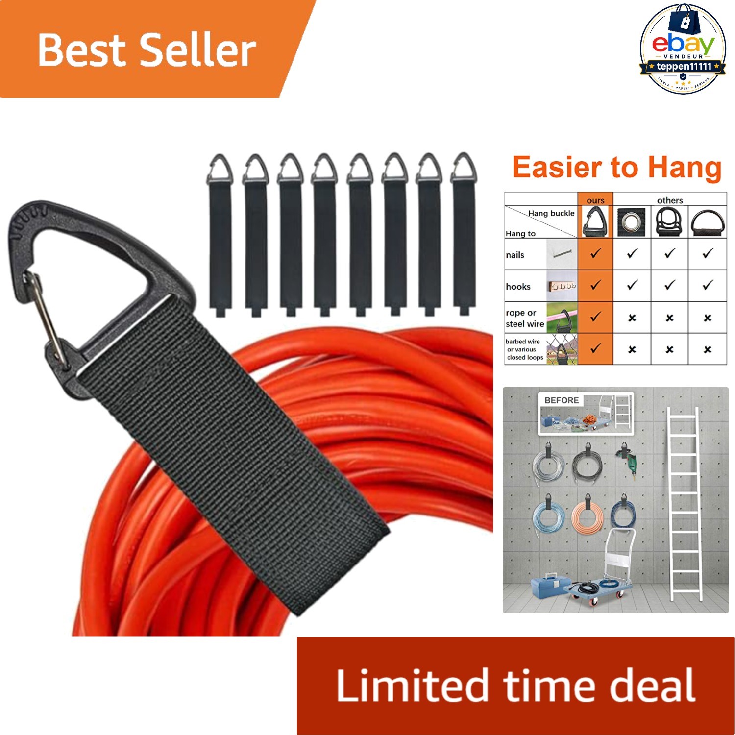 Extension Cord Organizer 8 Pack Heavy Duty Nylon 16-Inch Straps 50 Lbs