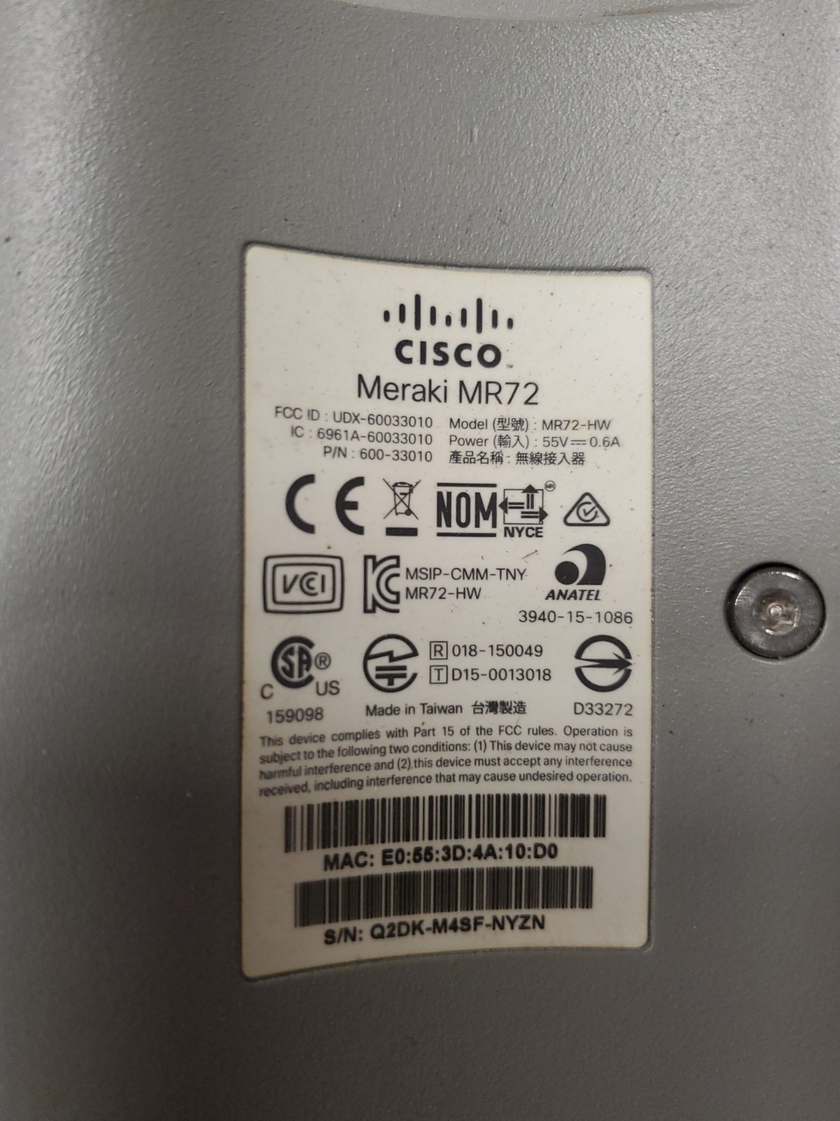 Cisco Meraki MR72-HW Cloud Managed 802.11AC w/2 MA-ANT-25 Antennas Unclaimed