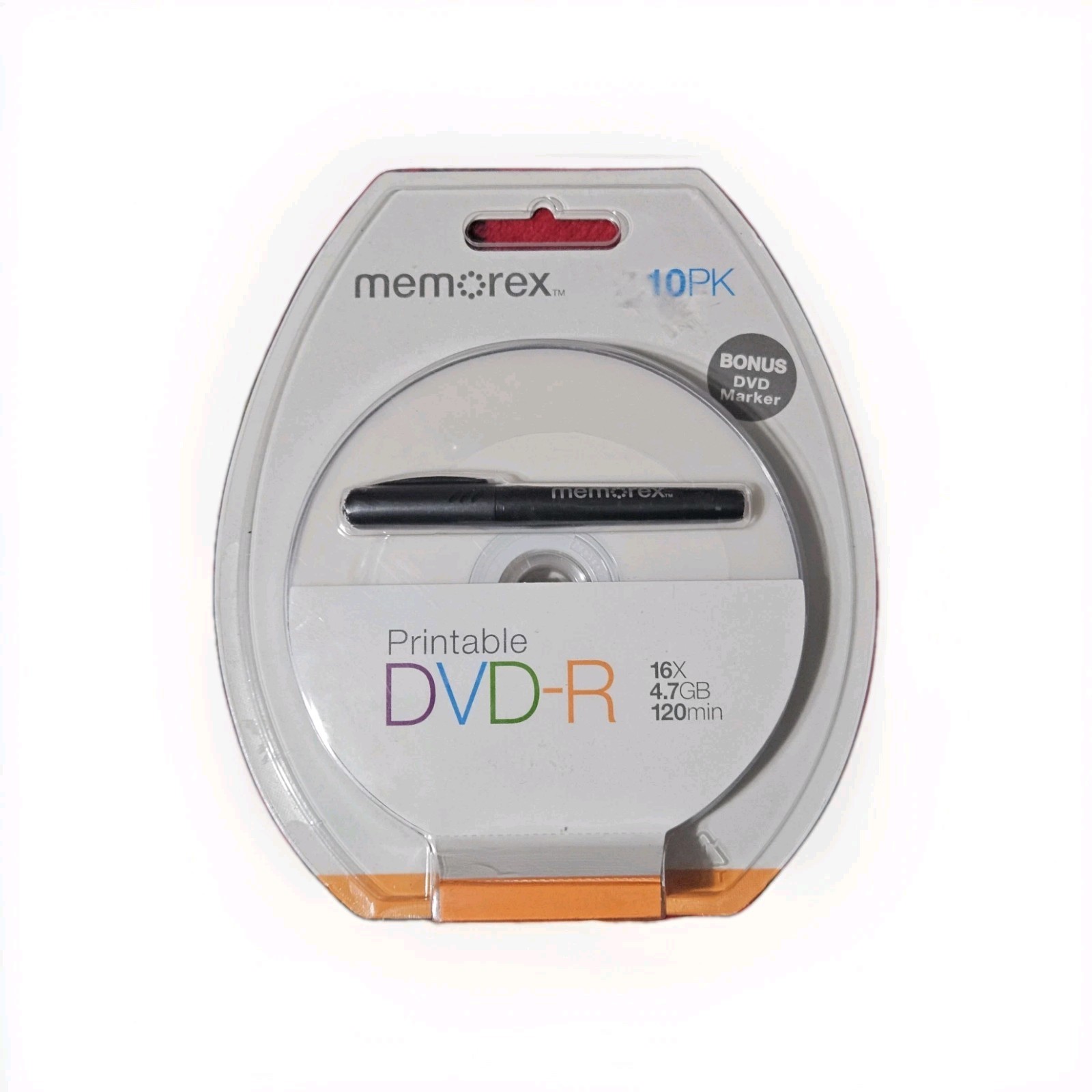 10-pk Memorex White Inkjet Hub Printable DVD-R; 16x 4.7GB 120m w/ Bonus Marker