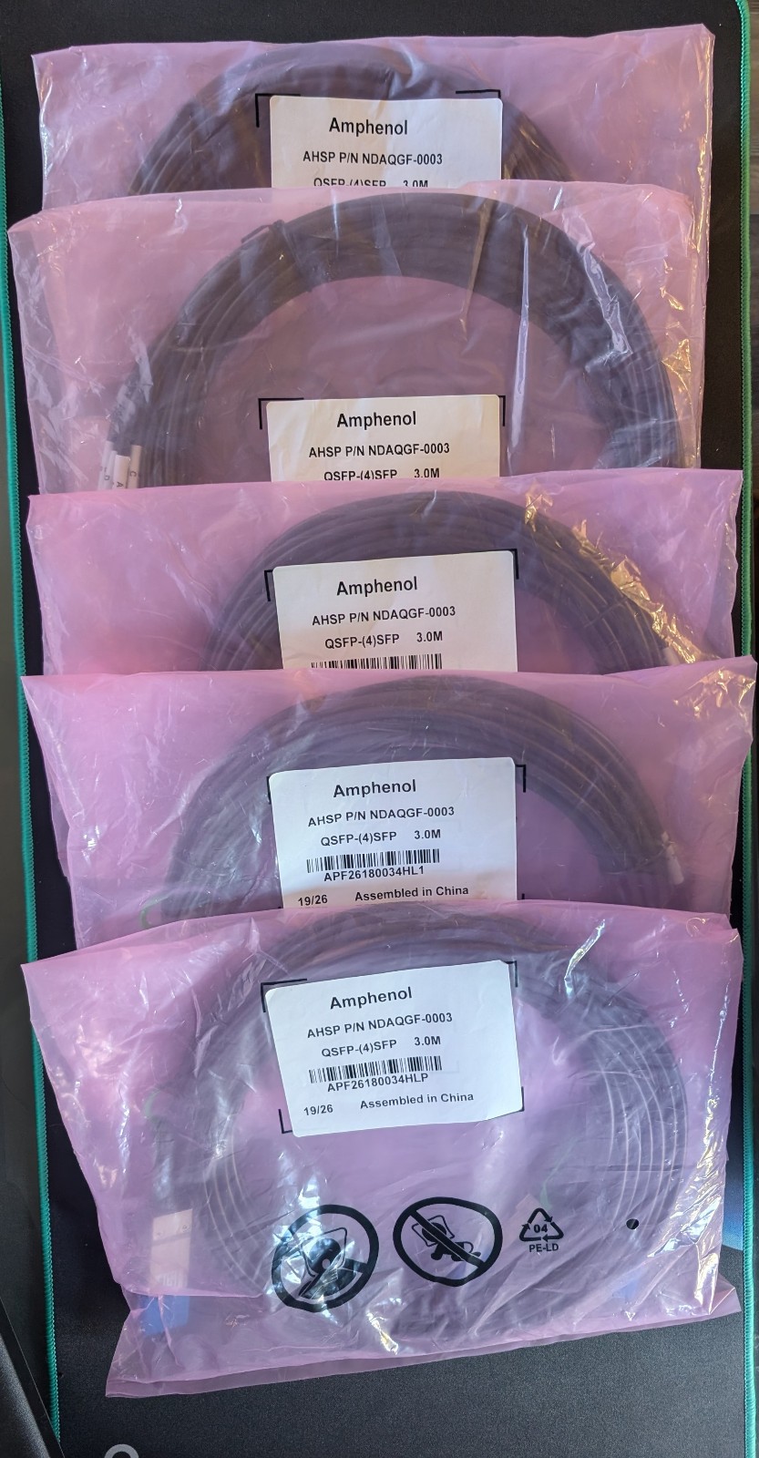 Lot of 5 new Amphenol P/N NDAQGF-0003 QSFP-Breakout DAC (4x)SFP 3.0M