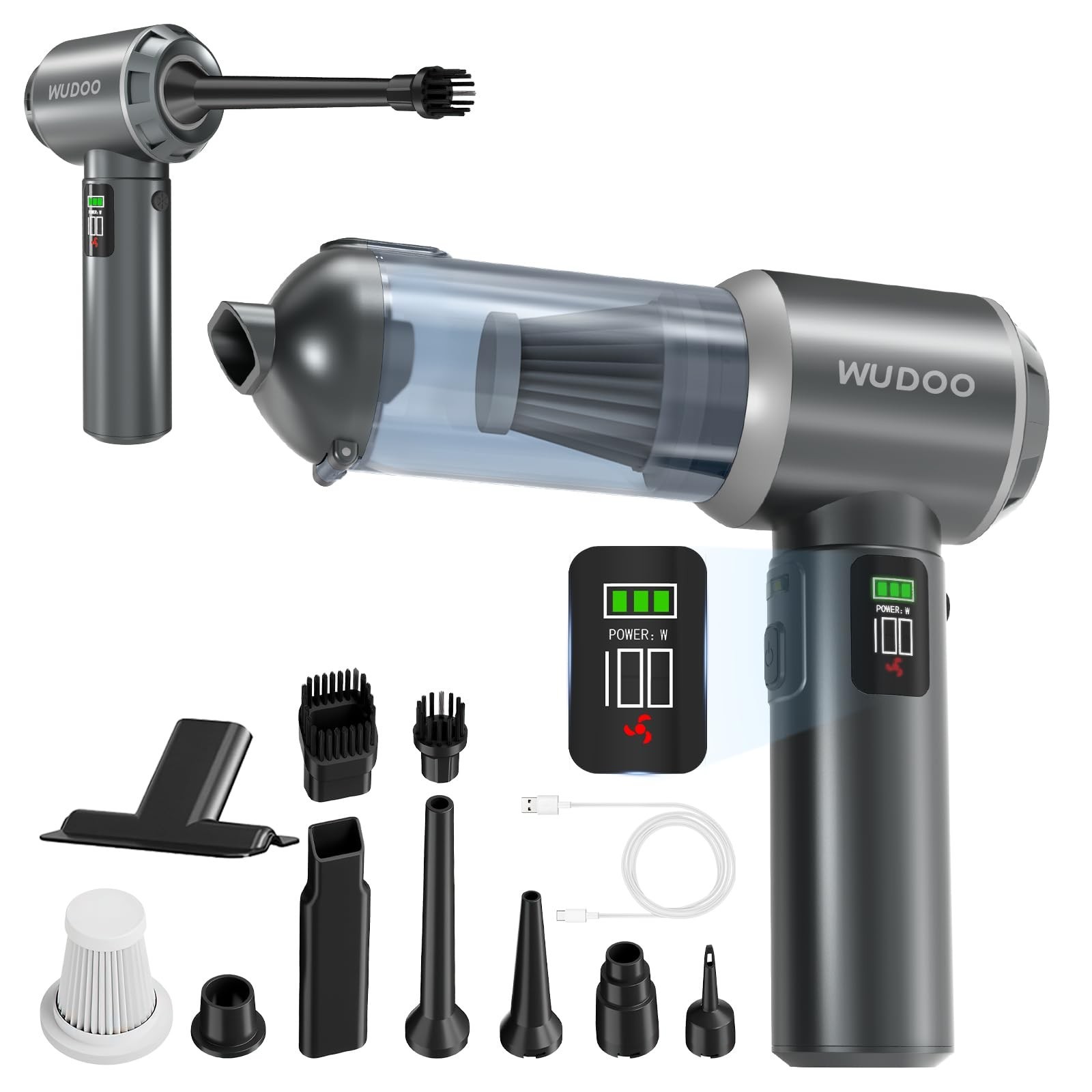 WUDOO 4-in-1 Car Vacuum Cleaner Portable Cordless Dust Remover 20,000 Pa Brus...