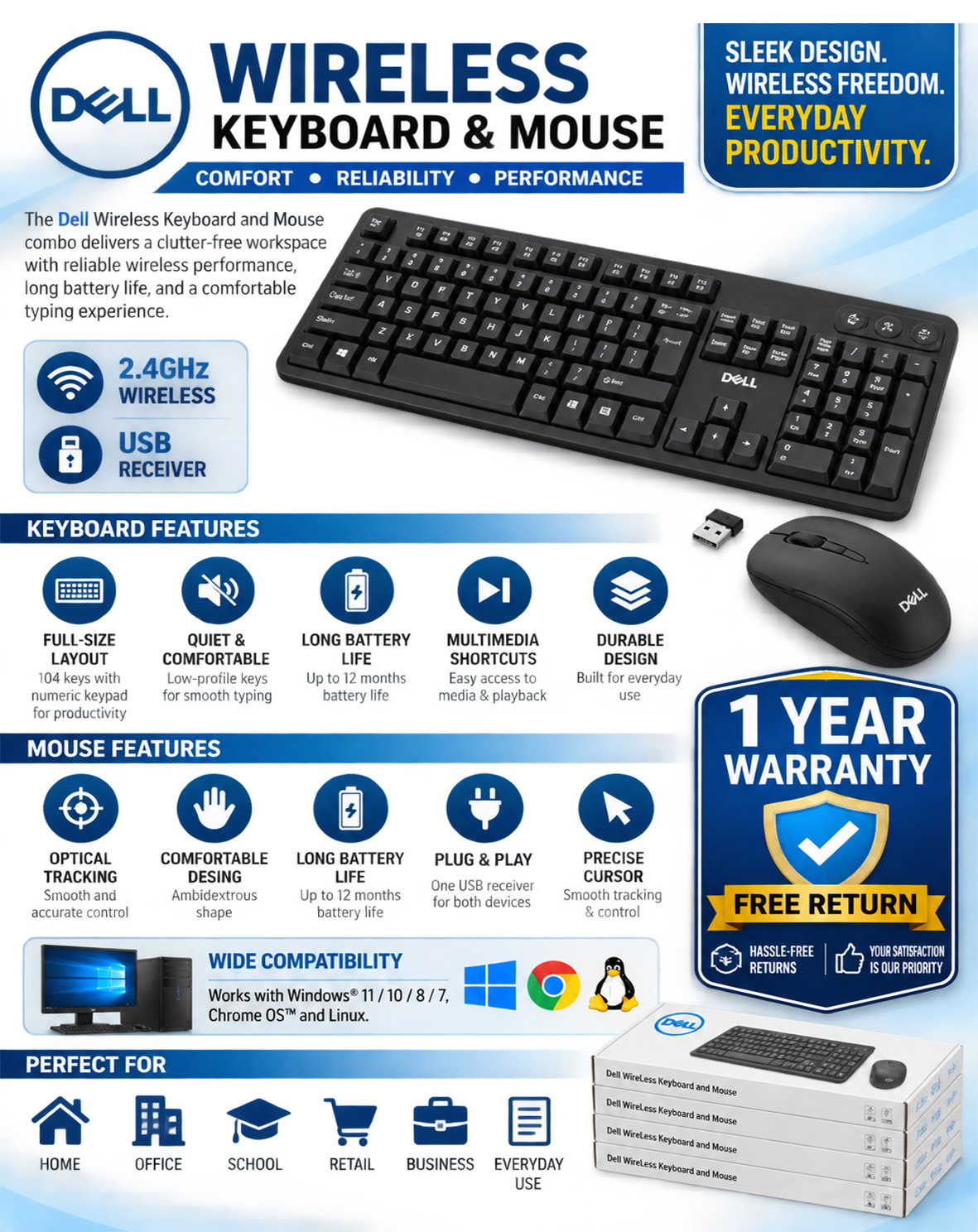 Dell Genuine Wireless Keyboard and Mouse Combo – Full-Size Keyboard – Black