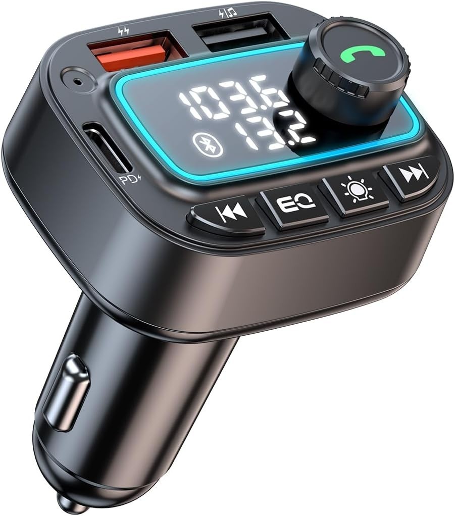 Bluetooth 5.3 Car Adapter FM Transmitter, 42W (PD30W & 12W) USB Small, Black