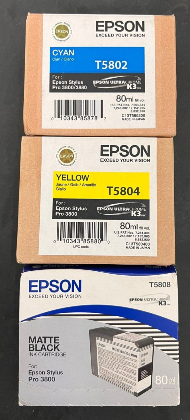 *LOT OF 3* EPSON STYLUS PRO 3800 |YELLOW T5804| CYAN T5802| BLACK T5808| 