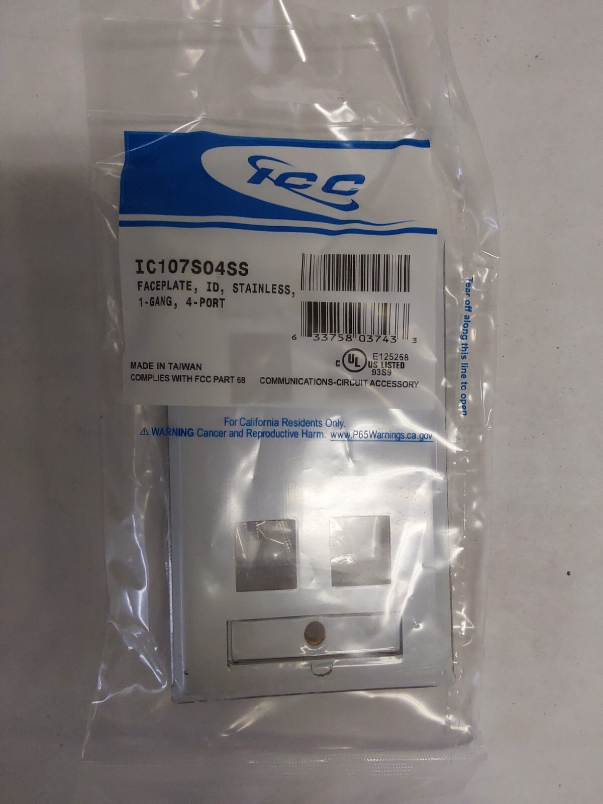 ICC Faceplate, ID, Stainless, 1-Gang, 4-Port IC107S04SS QTY:20
