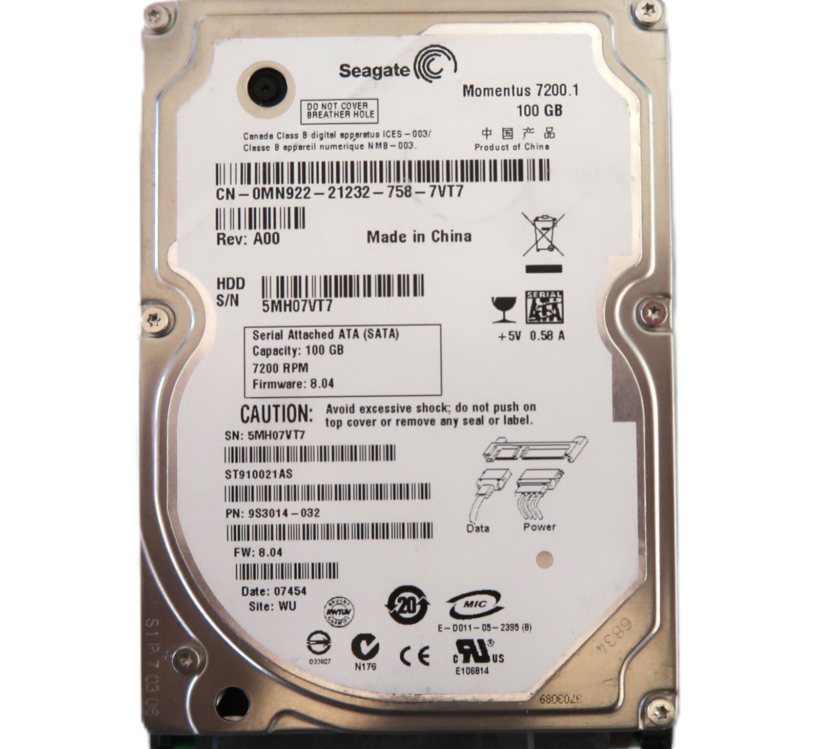 Seagate ST910021AS 9S3014-032 8.04 (5MH) WU China 100gb 2.5" Sata HDD MAY/2007
