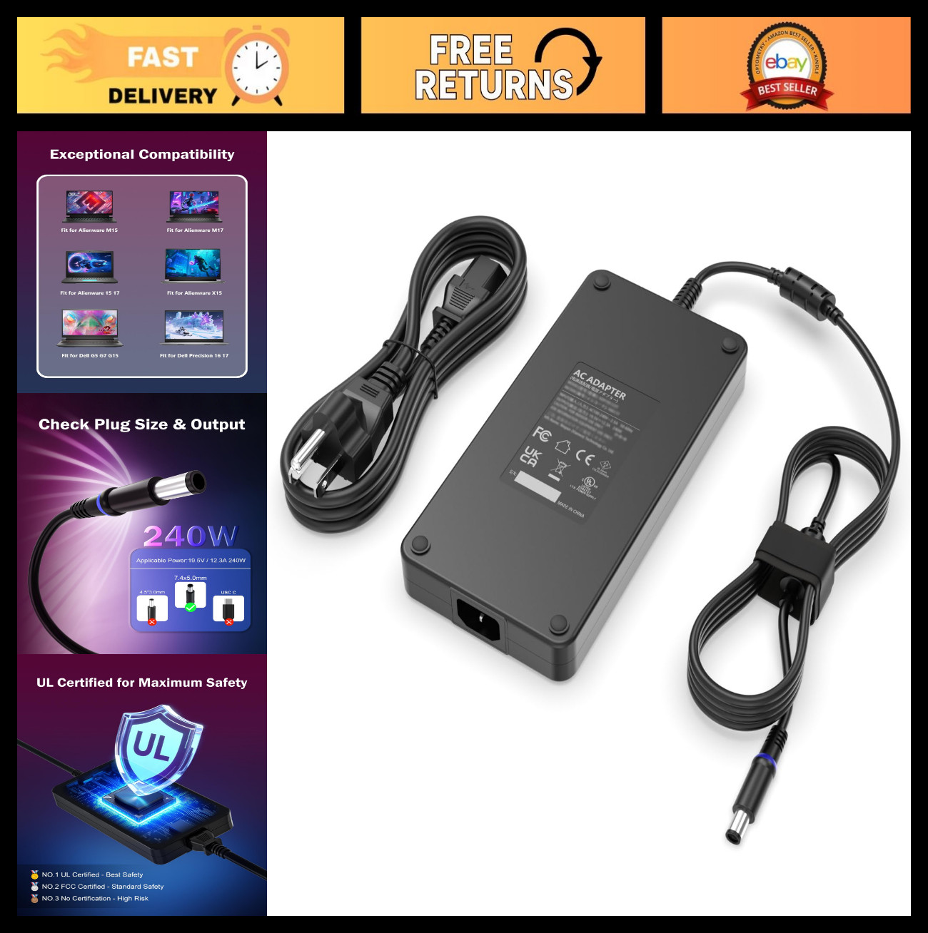 240W UL Certified Laptop Charger for Alienware & Dell G Series - Power Cord