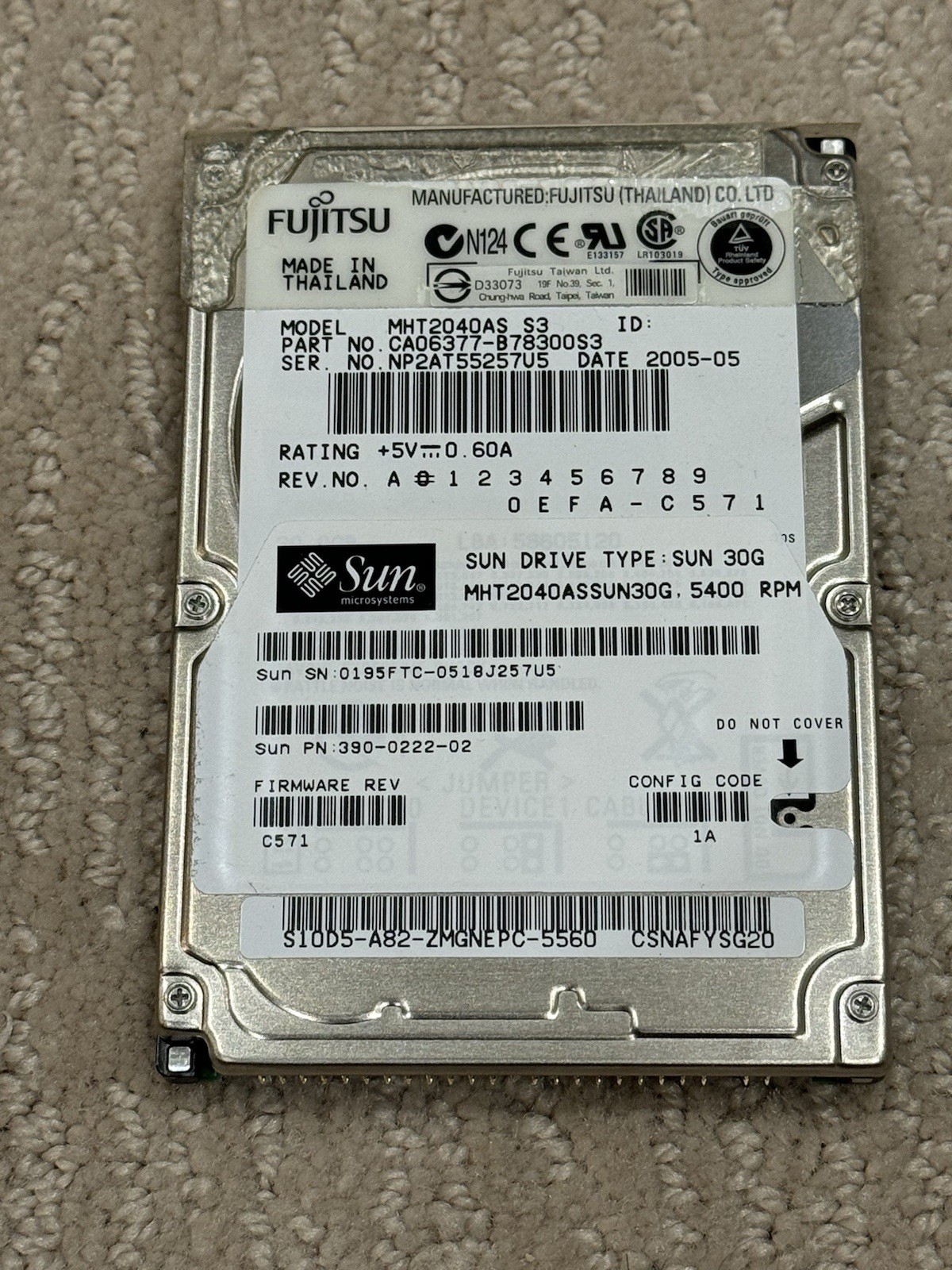Fujitsu MHT2040AS 30GB 2.5” IDE 5400 RPM Laptop Hard Disk Drive Sun 390-0222-02