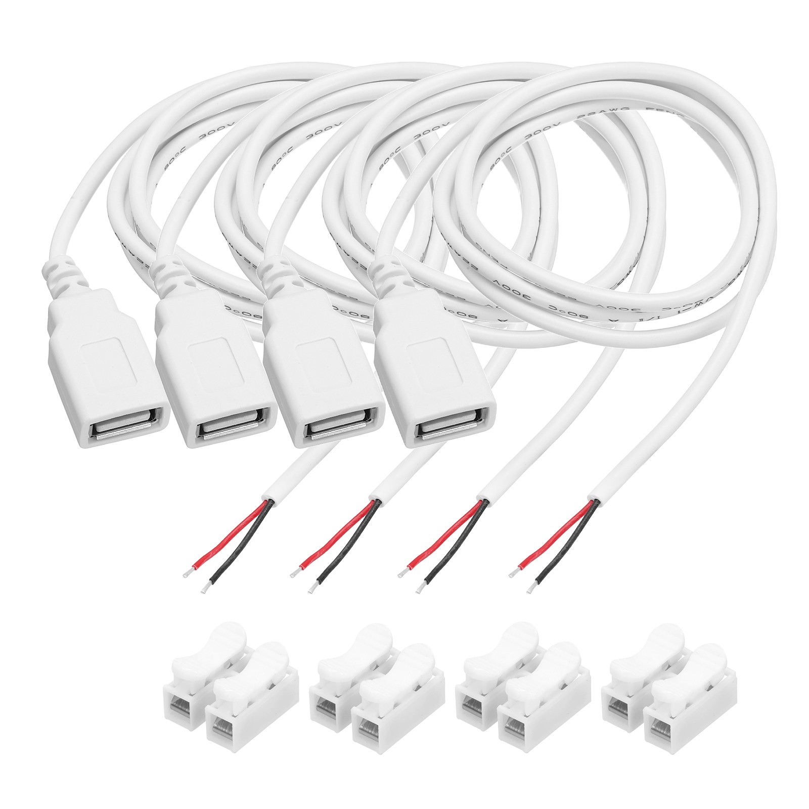 4Pcs USB Plug Pigtail, 1M/3.2FT Female 22 AWG 5V 3A with Wire Connector, White