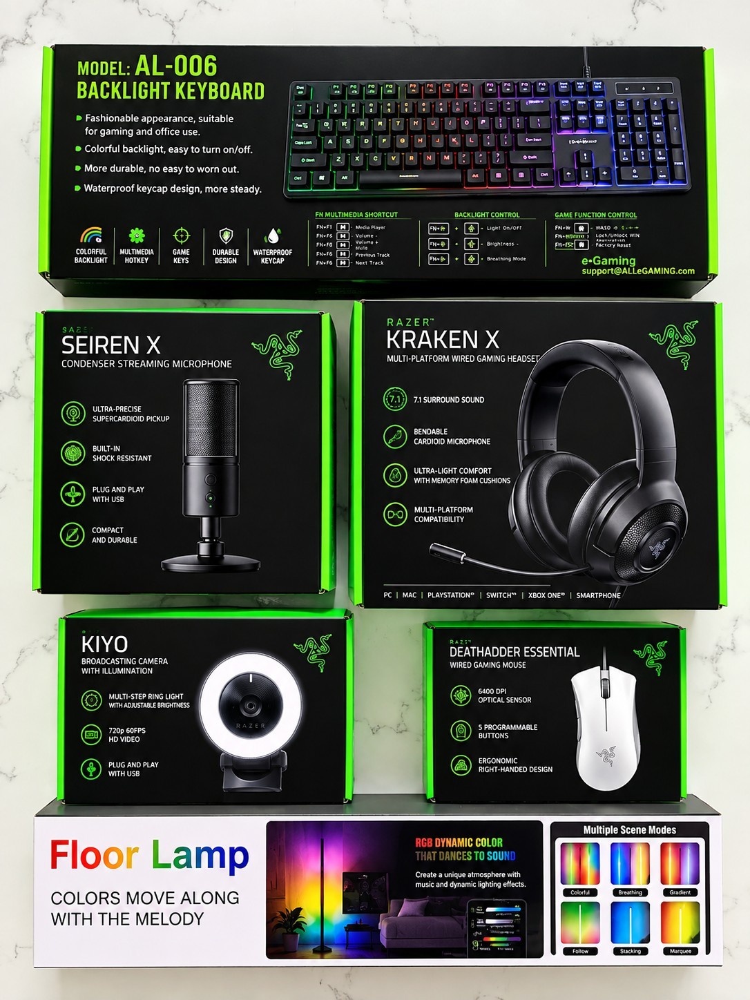 Razer Gaming Streaming Bundle Kiyo Seiren X Kraken X DeathAdder Keyboard Lamp