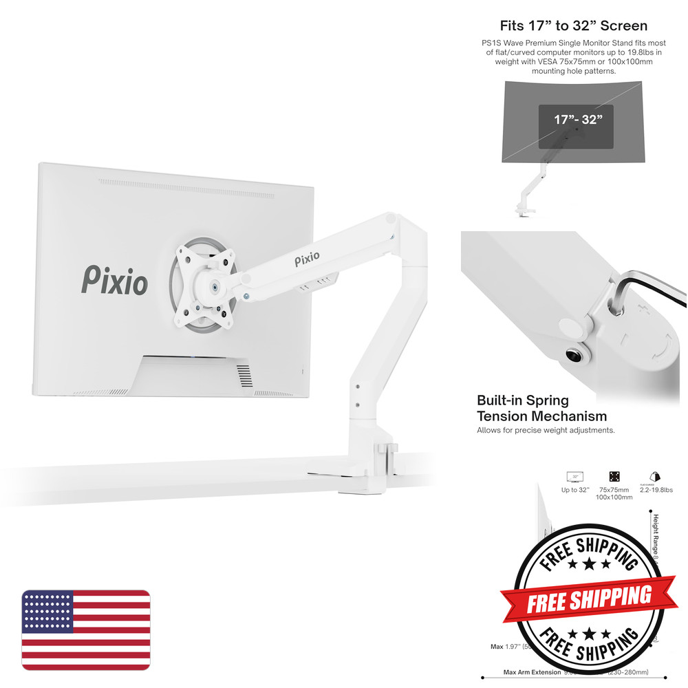 Pixio PS1S Wave White Single Monitor Arm Stand Desk Mount
