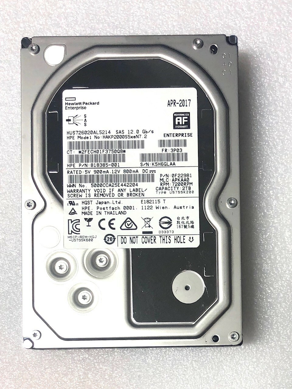 HP 2TB SAS 3.5" ENTERPRISE HDD HUS726020AL5214 818385-001 874242-001