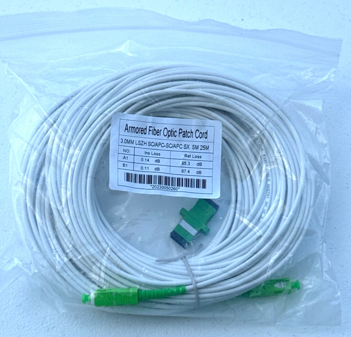 Armored Fiber Optic Patch Cord SC/APC to SC/APC SM Simplex 25M 3.0mm LSZH White