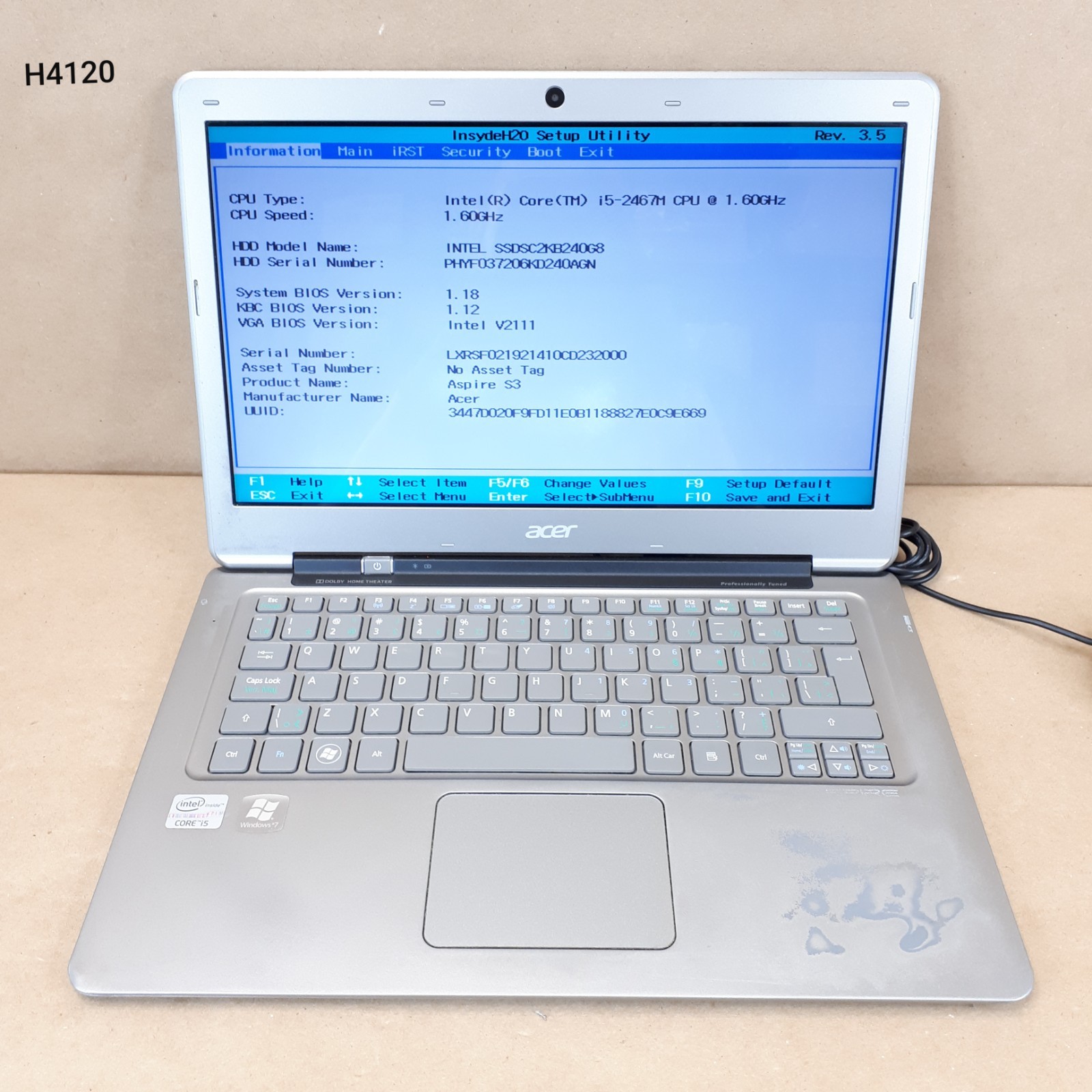 Acer Aspire S3 MS2346 Ultrabook i5-2467M 1.60 4GB RAM 240GB SSD Boots/Bios H4120