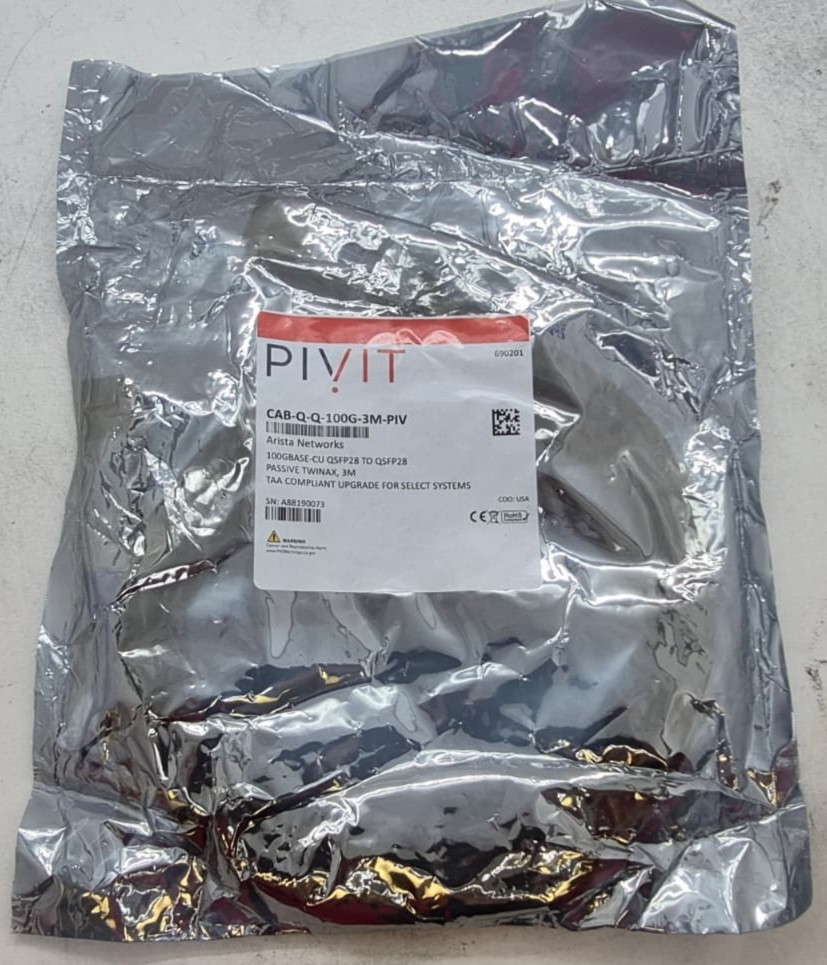 Pivit (Arista) CAB-Q-Q-100G-3M-PIV 100GBase-CU QSFP28 to QSFP28 Twinax 3M Cable