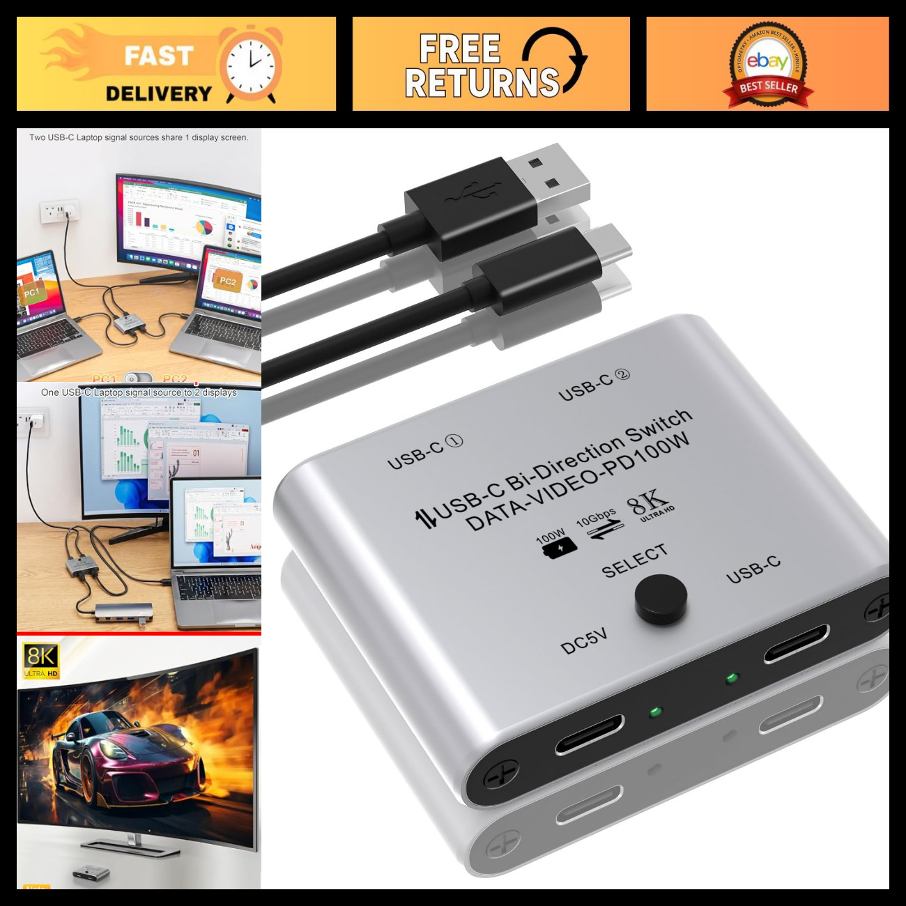8K USB C Switcher - Bi-Directional 2 Computers, 8K@60Hz, 4K@120Hz, 100W PD, 10Gb