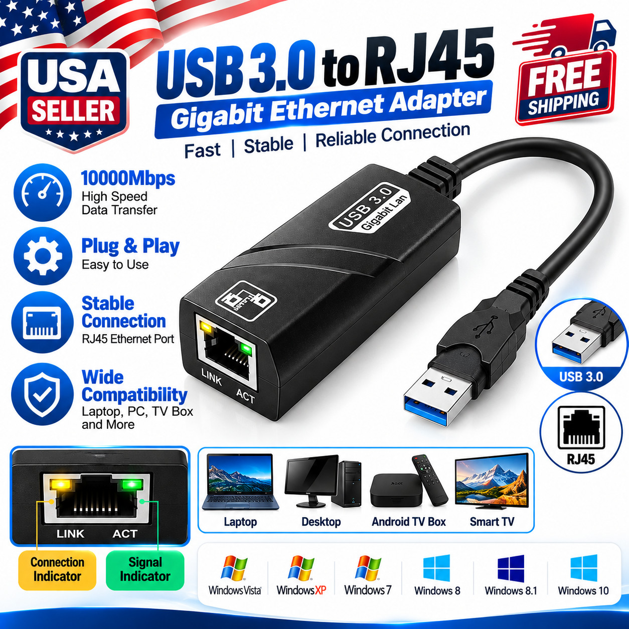 USB 3.0 Gigabit Ethernet LAN RJ45 1000Mbps Network Adapter For Windows PC Mac...