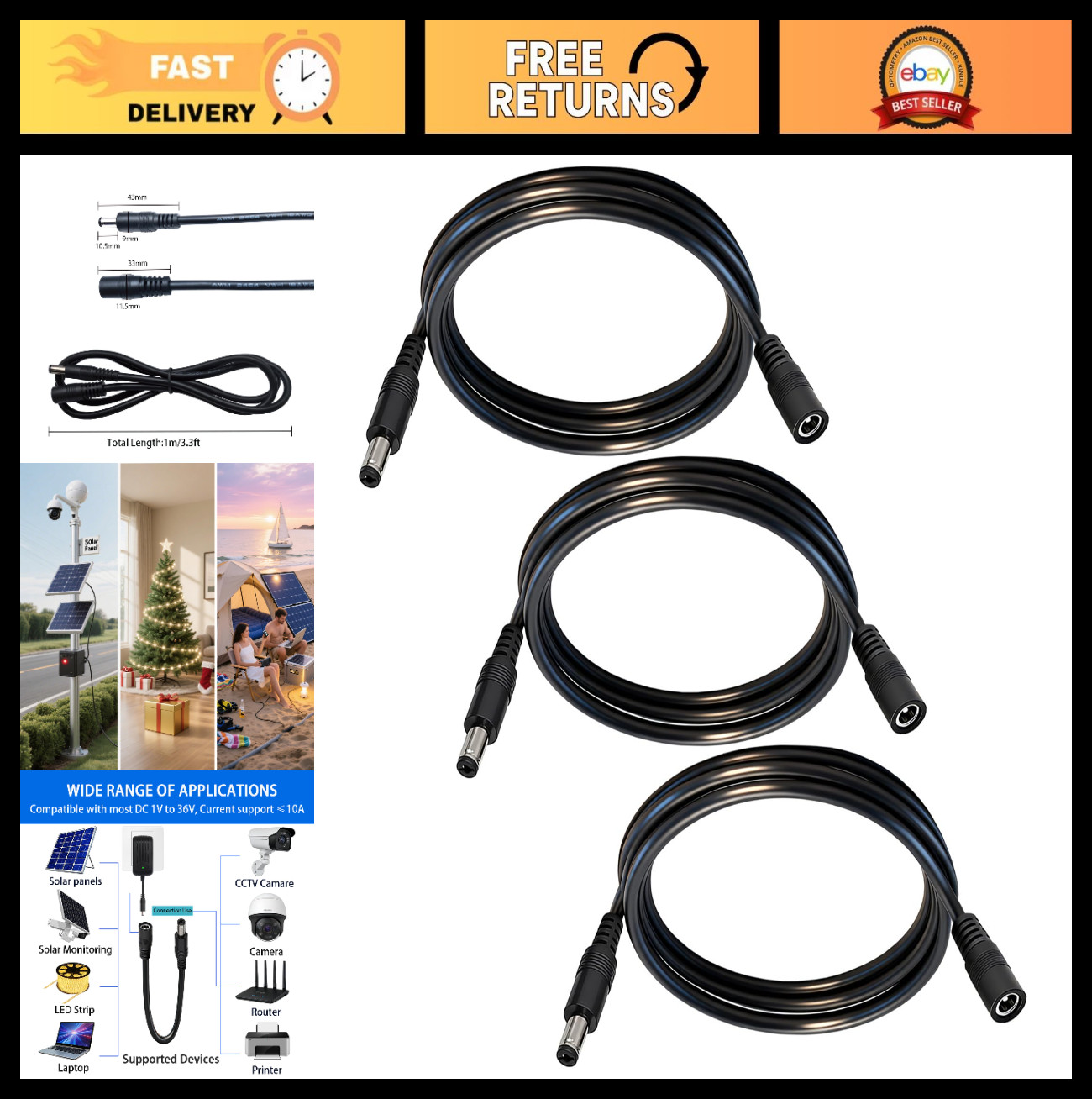 5.5mm x 2.1mm DC Power Extension Cable - 3-Pack, 3.3FT, Durable & Flexible