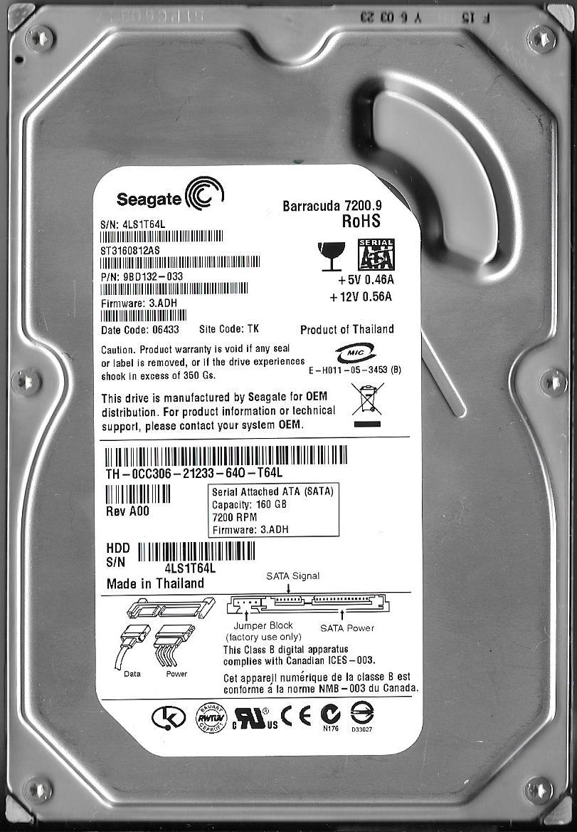 SEAGATE BARRACUDA ST3160812AS 160GB SATA HARD DRIVE P/N: 9BD132-033  TK  4LS
