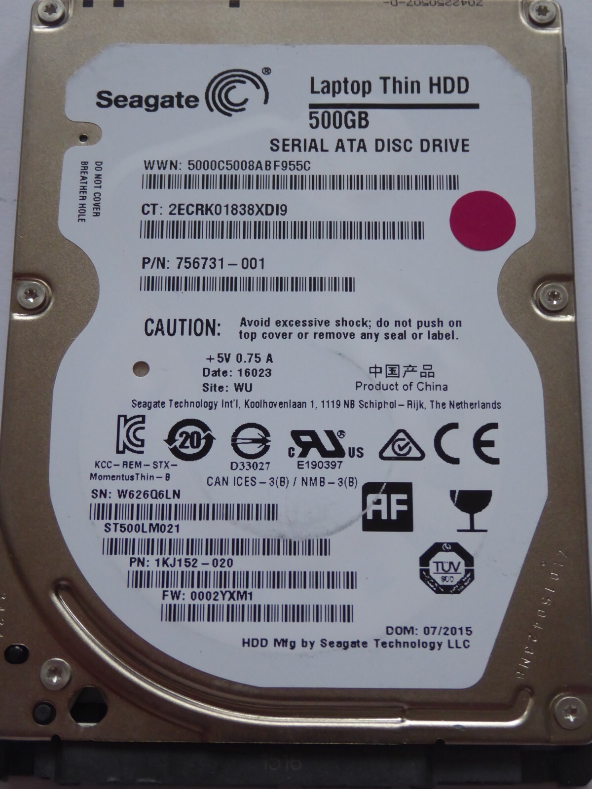 ST500LM021 SN:W62 PN:1KJ152-020 FW:0002YXM1 WU 07/2015 Seagate 500GB