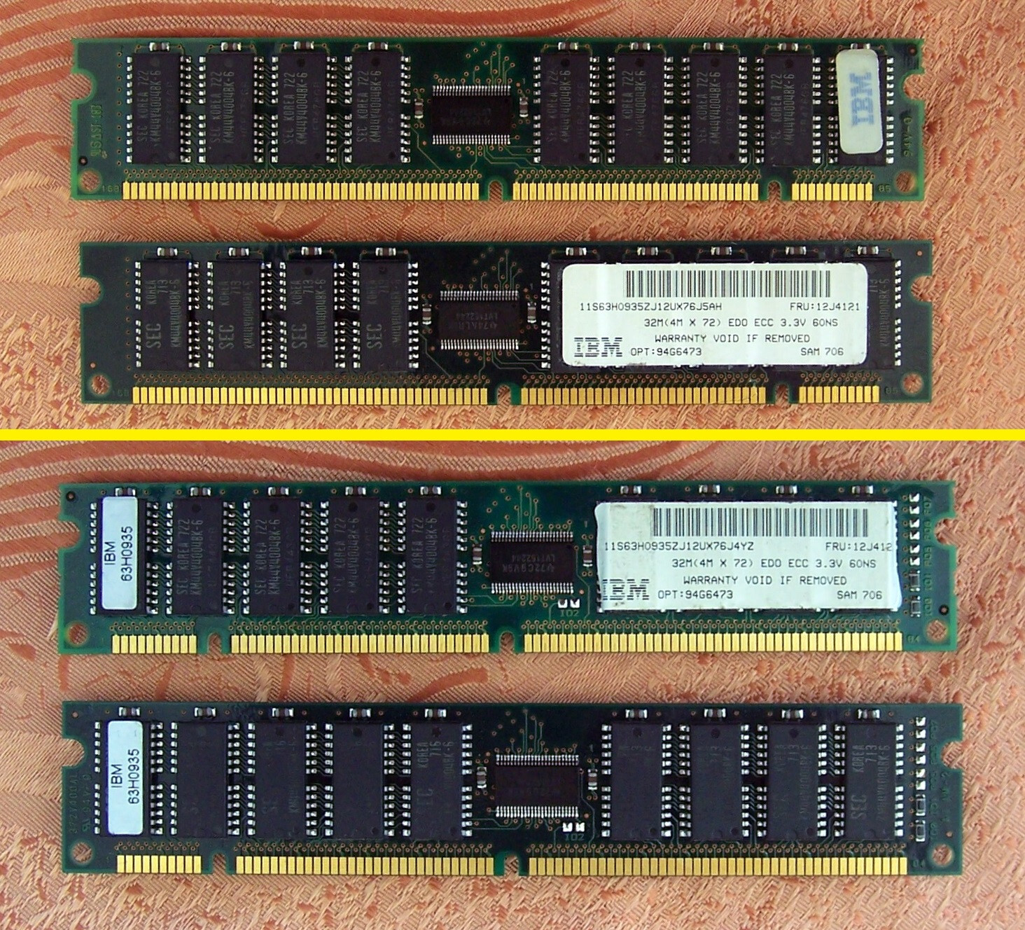 Rare Memory IBM 2x32MB=64MB 63H0935 168-pin 60NS EDO ECC 3.3V (4M x 72) UNTESTED