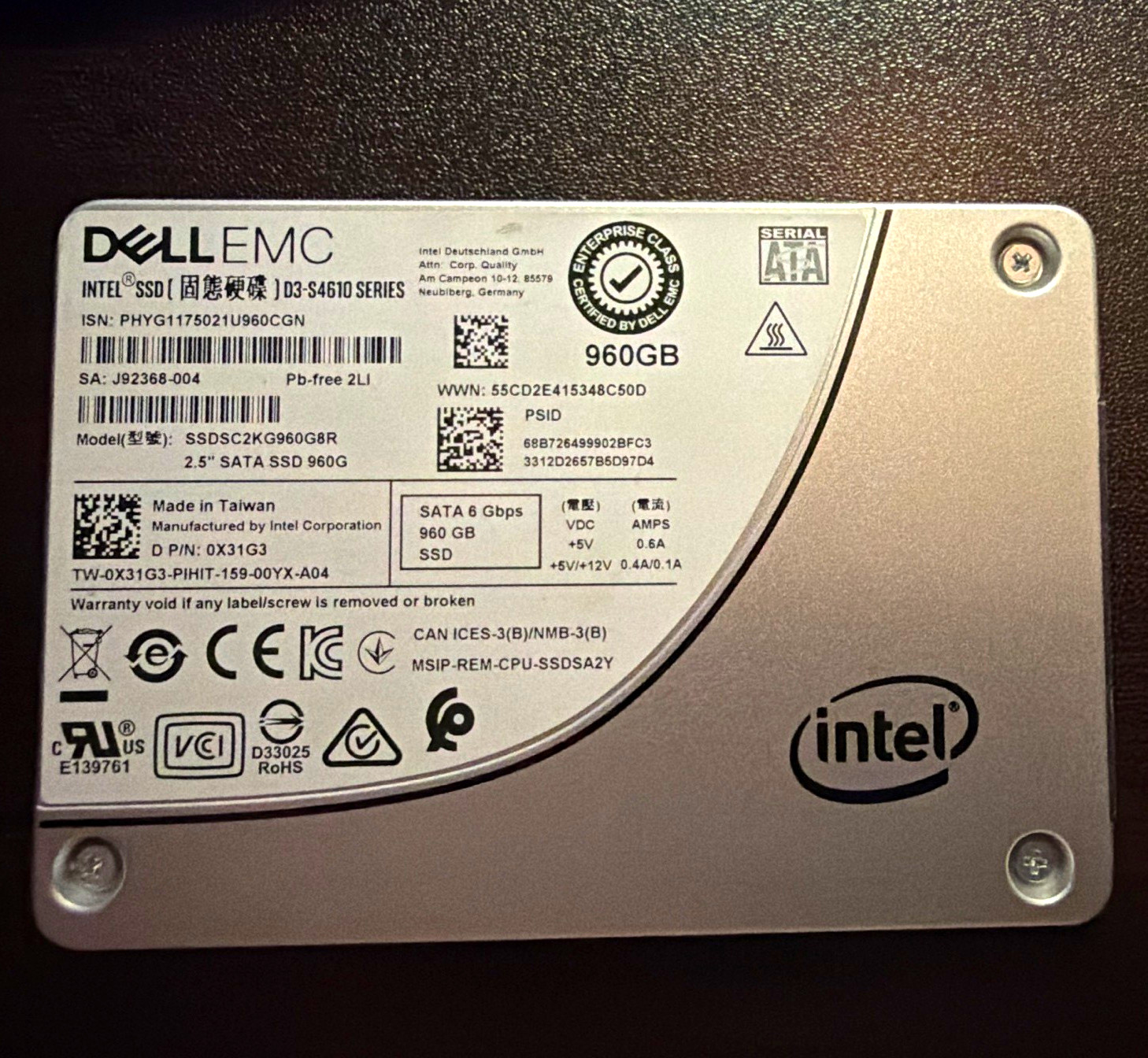 X31G3 DELL 960GB SATA 6Gbps 2.5 SSD SSDSC2KG960G8R 0X31G3