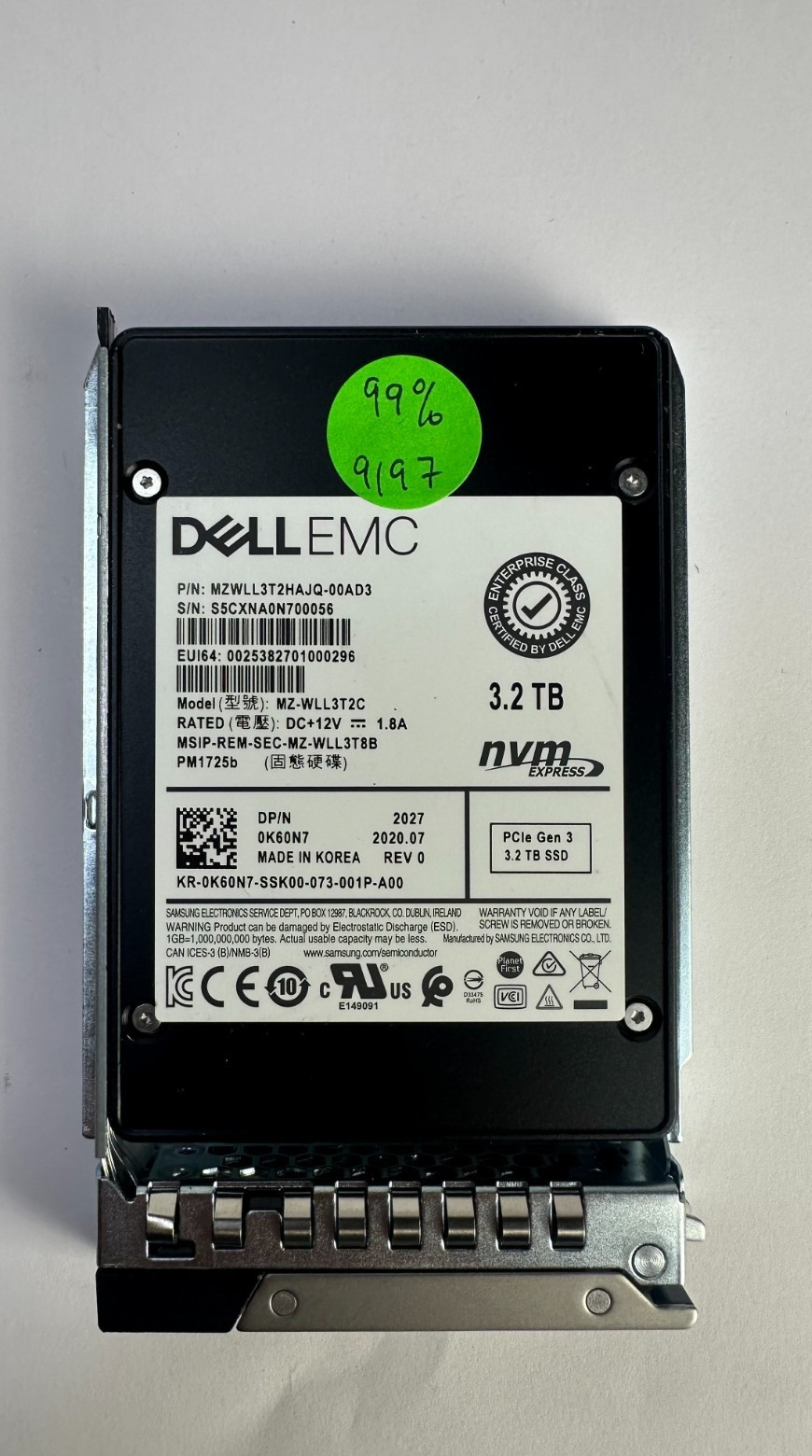 Dell Samsung PM1725B 3.2TB PCle NVMe Gen3 U.2 2.5in SSD Mixed Use 0K60N7 K60N7