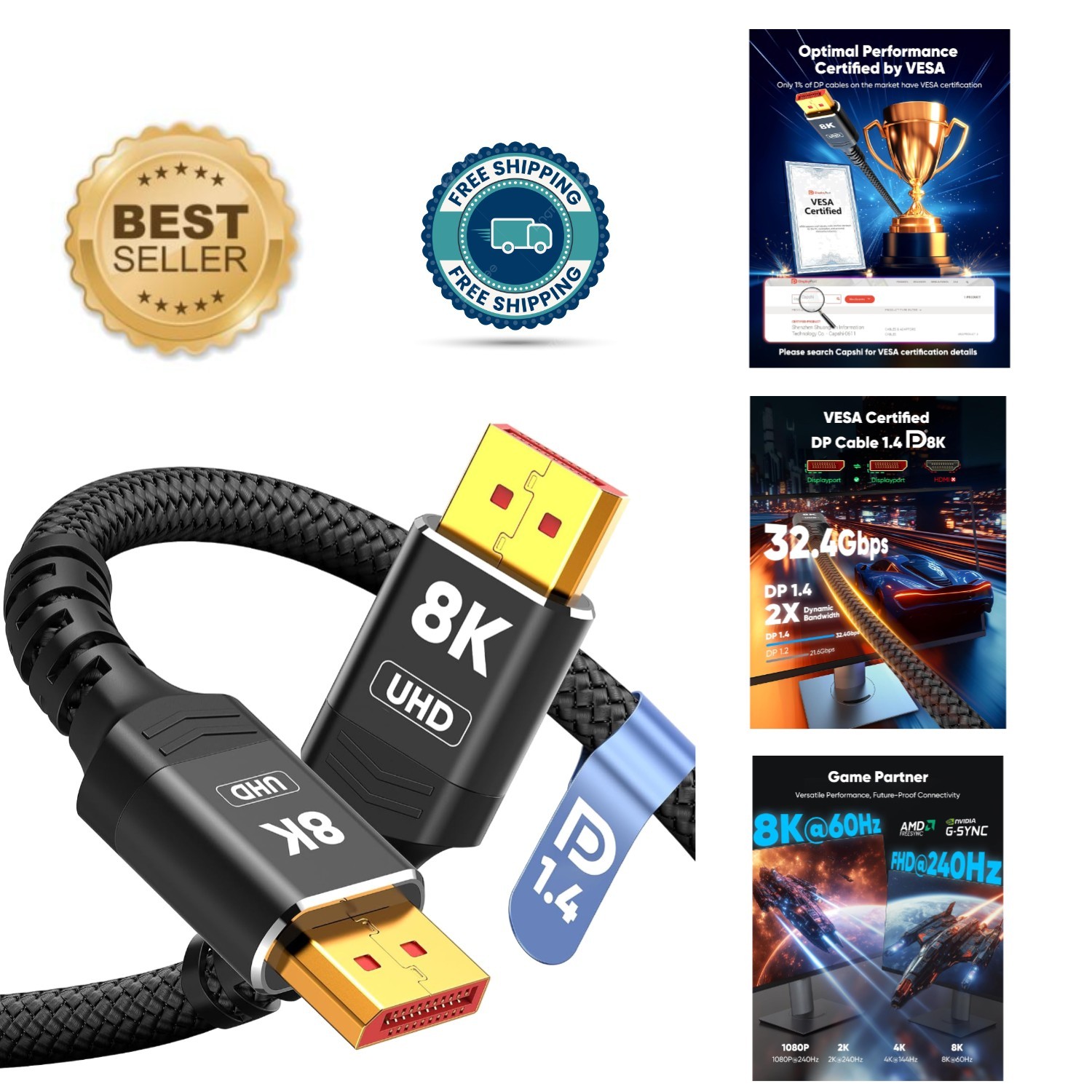 High-Performance 8K DisplayPort Cable 3.3ft - Braided, Male-to-Male Connectors