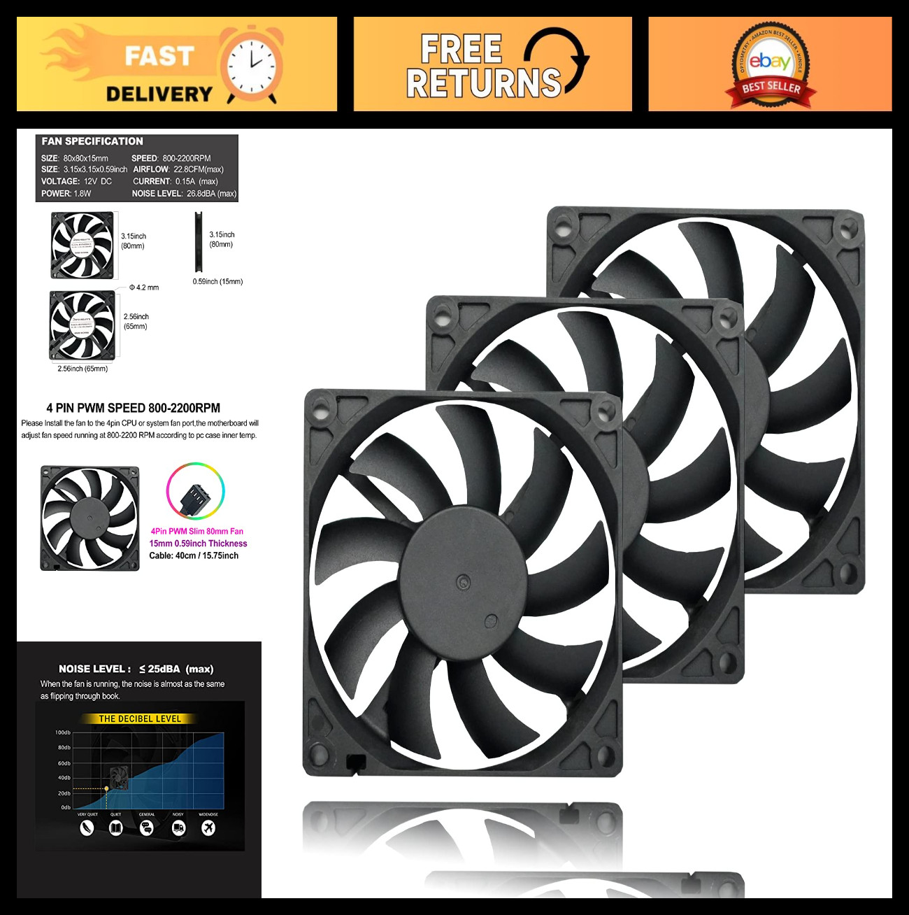80mm Ultra Slim Case Fan 4-Pin PWM 800-2200RPM - Quiet PC Cooling Fans 3 Pack