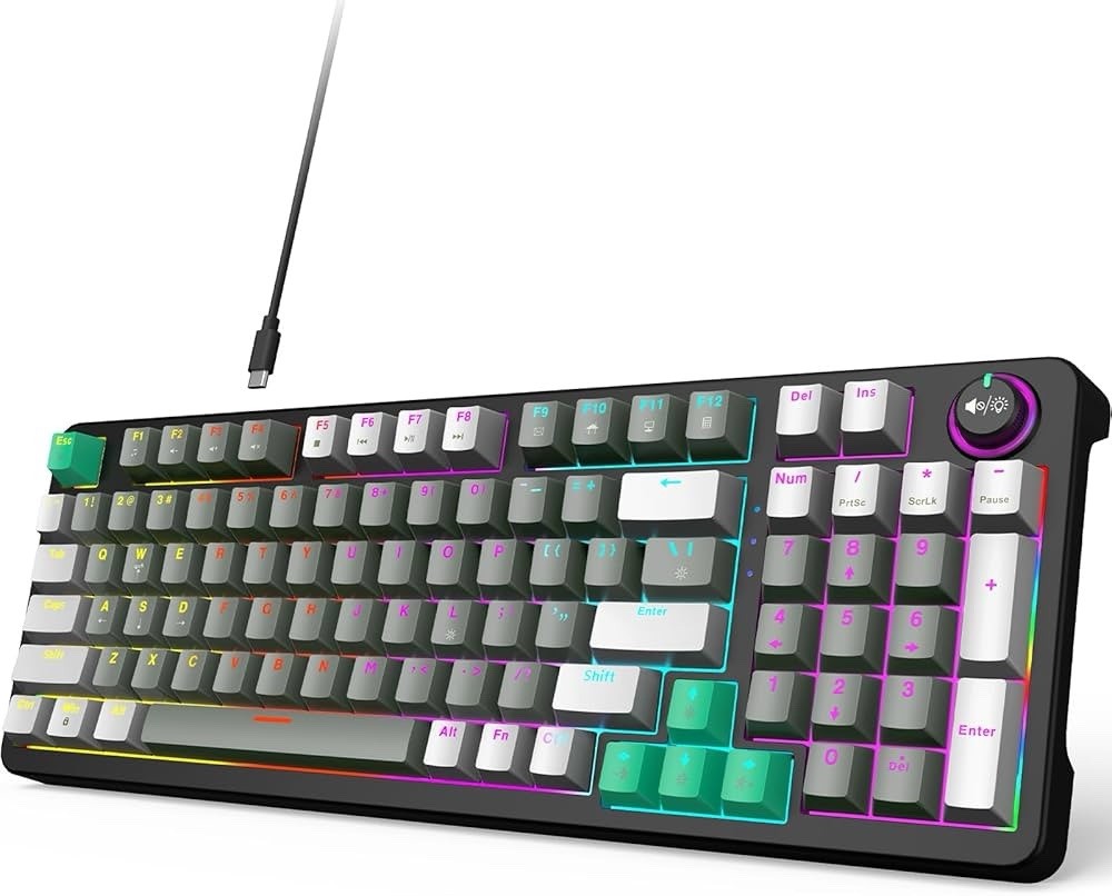 GEEZER Mechanical Gaming Keyboard with LED Backlit, Blue Switch, Volume Knob, 96