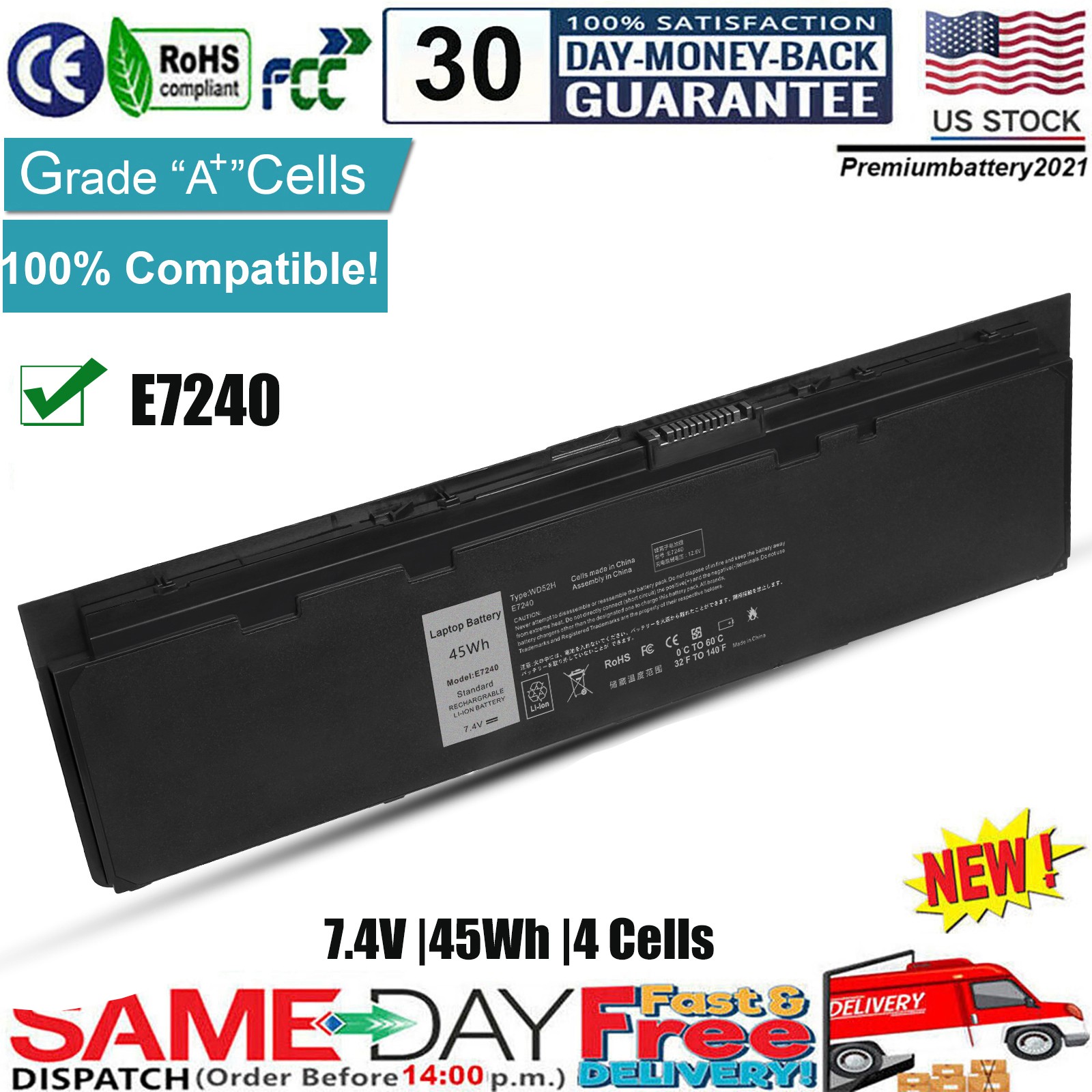 E7240 Battery for Dell Latitude E7250 VFV59 F3G33 451-BBFW 451-BBFX WD52H 45Wh