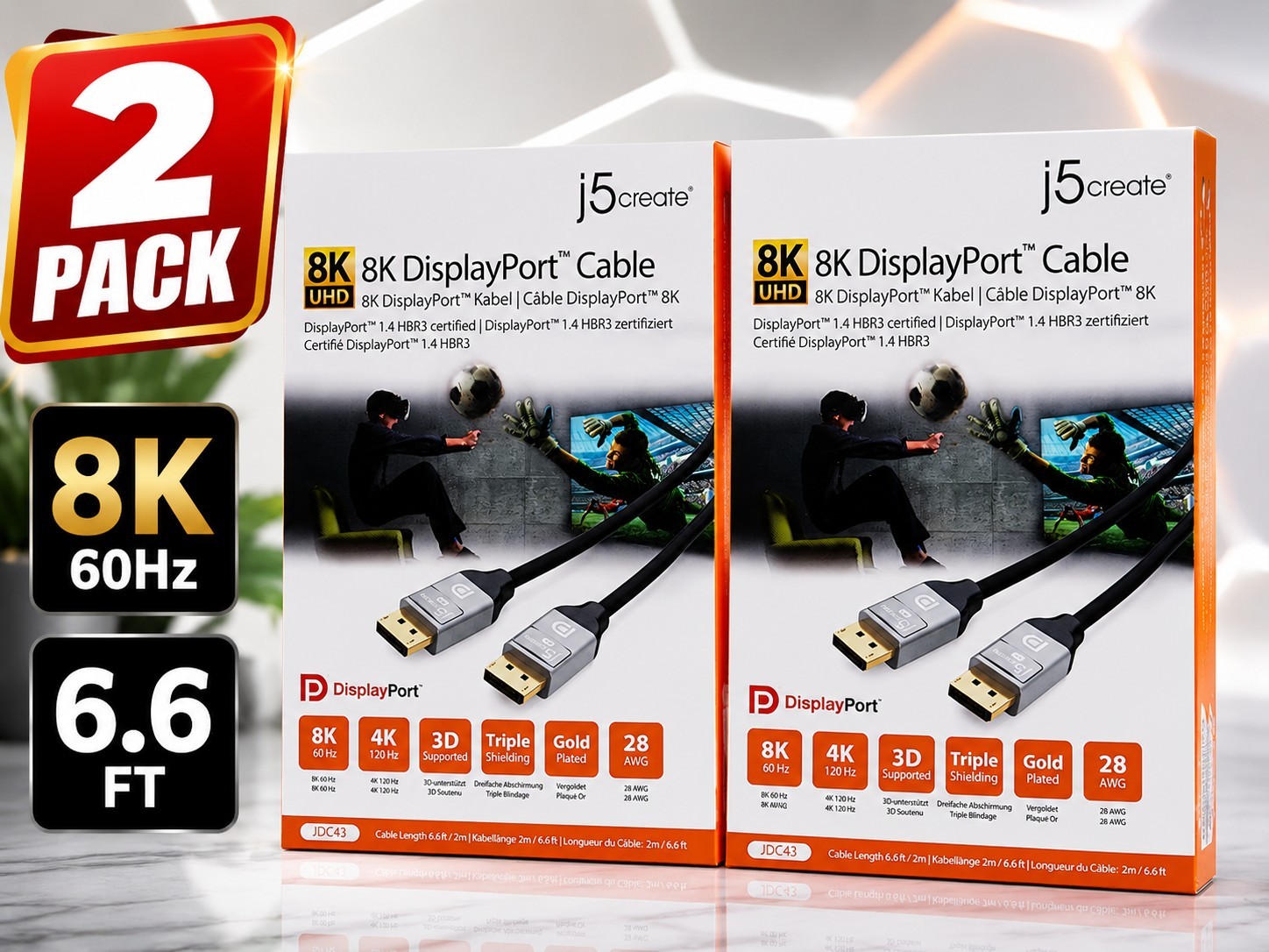 2-Pack j5create 8K DisplayPort Cable DP 1.4 HBR3 6.6ft 8K 60Hz 4K 120Hz JDC43