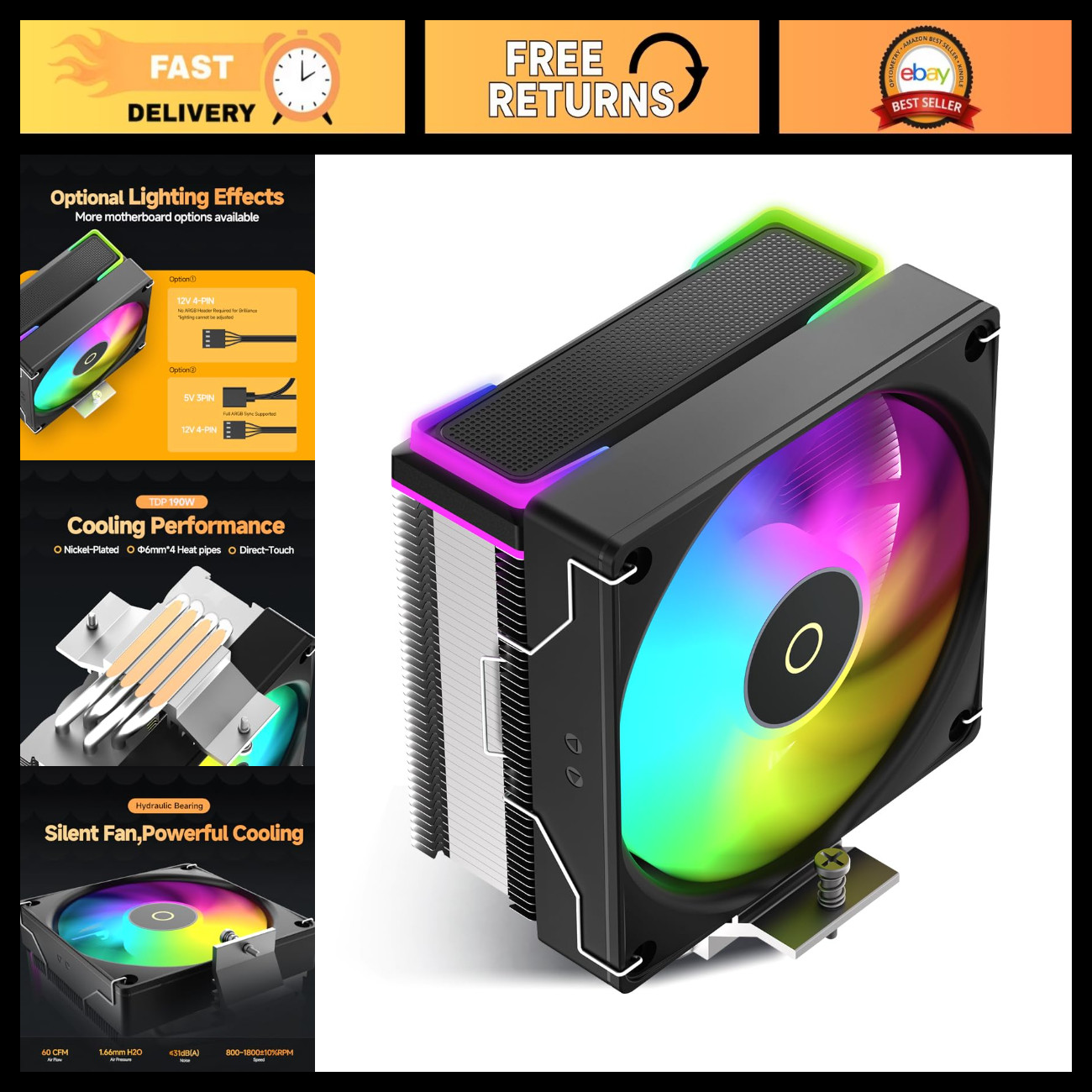 ARGB Air CPU Cooler - Delta A40 SE, Flexible Lighting Options, High Performance